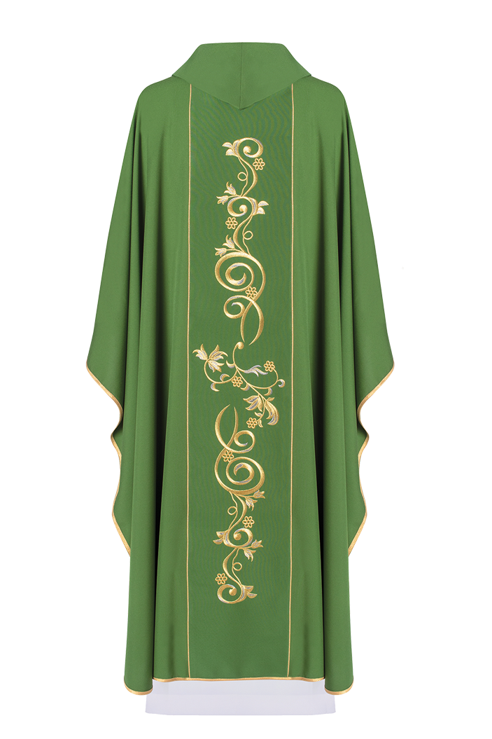 Richly decorated green chasuble with gold motif and wide IHS band