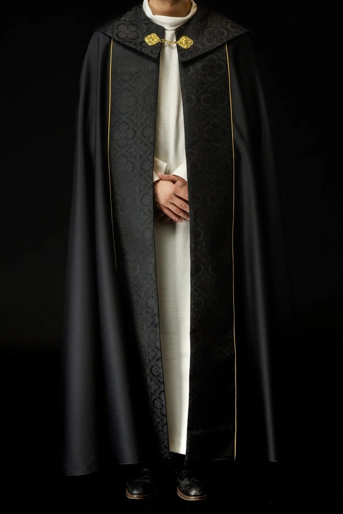 Black Liturgical Cope with Gold Cross Embroidery on Jacquard Fabric