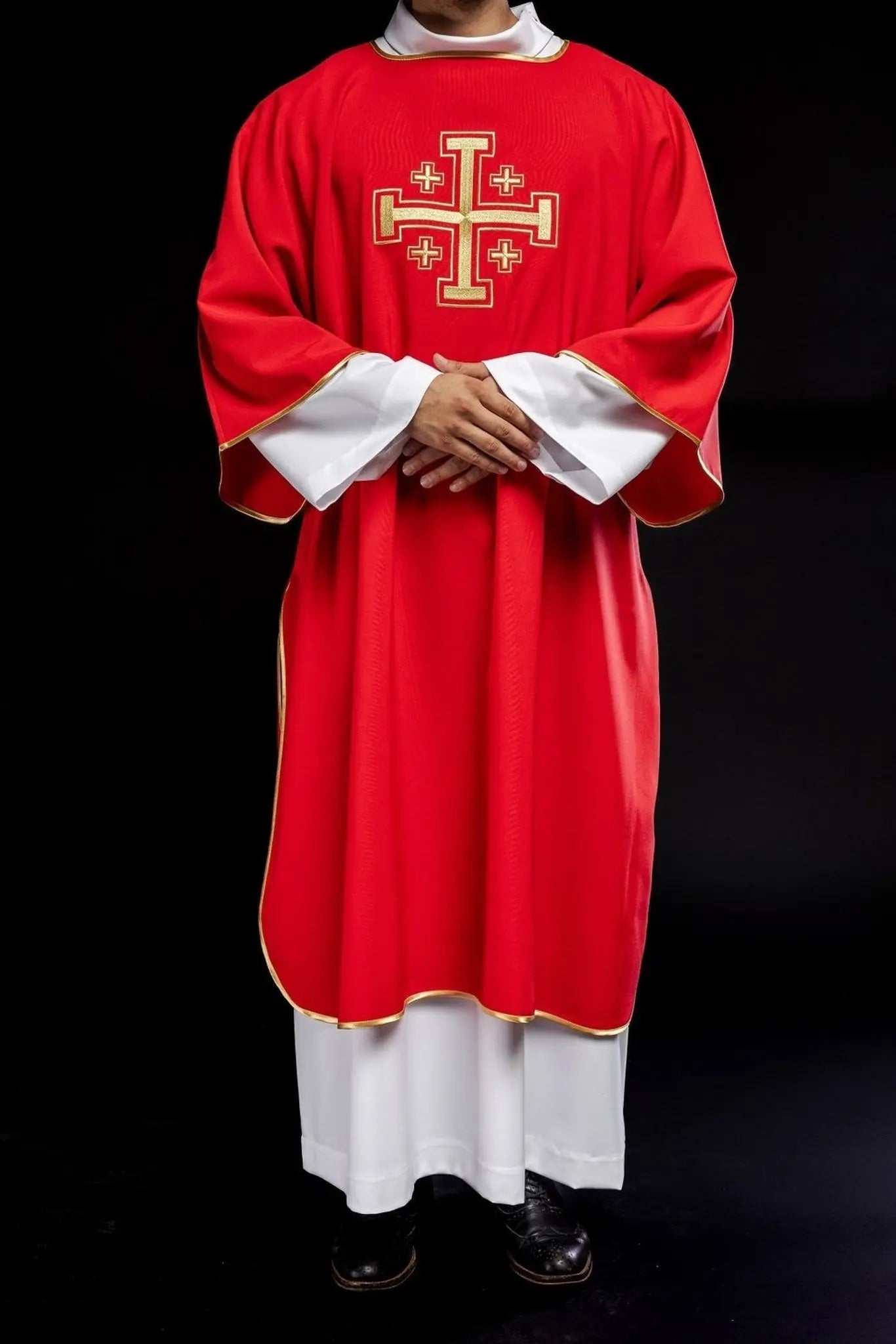 Red Dalmatia with embroidered gold crosses