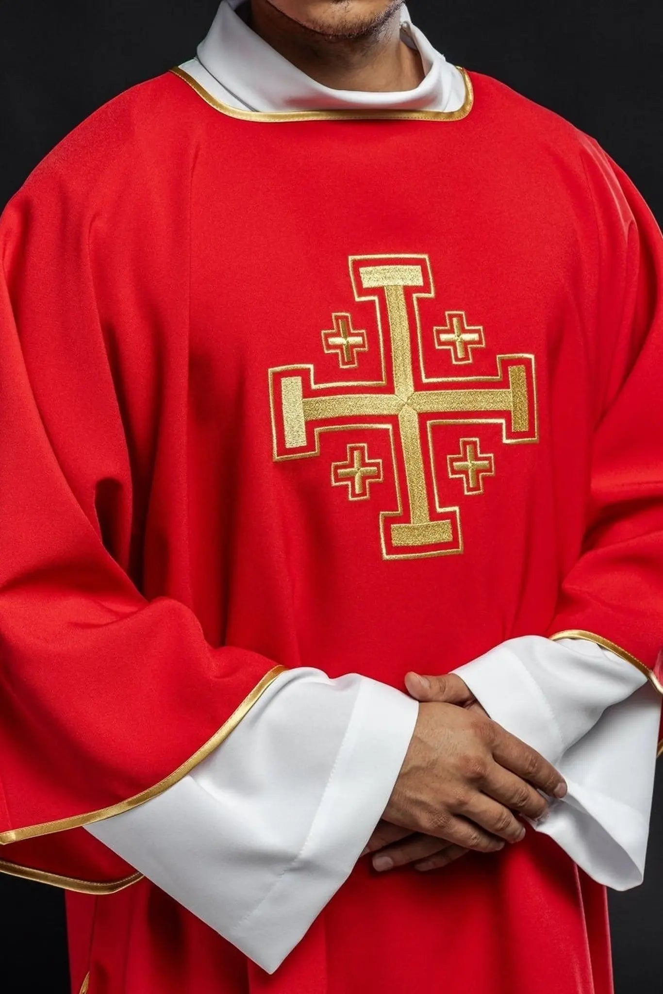 Red Dalmatia with embroidered gold crosses