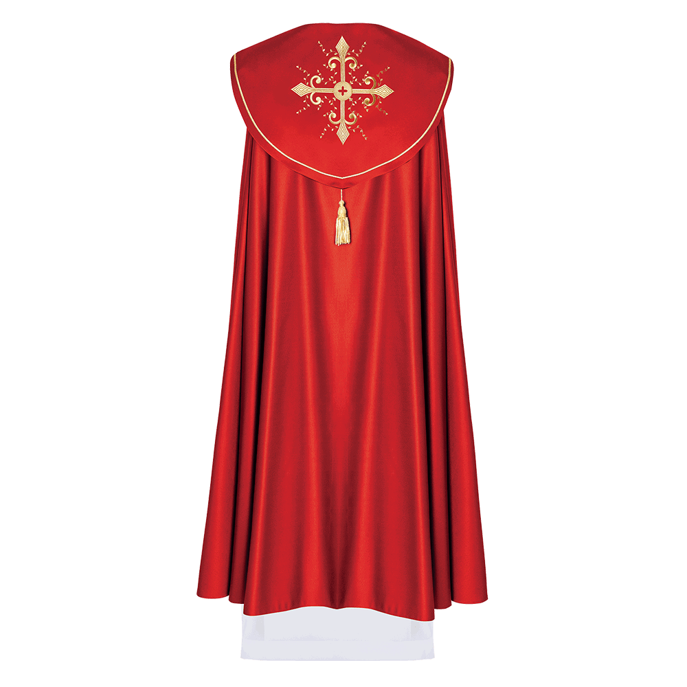 Red liturgical cope with gold crosses embroidery