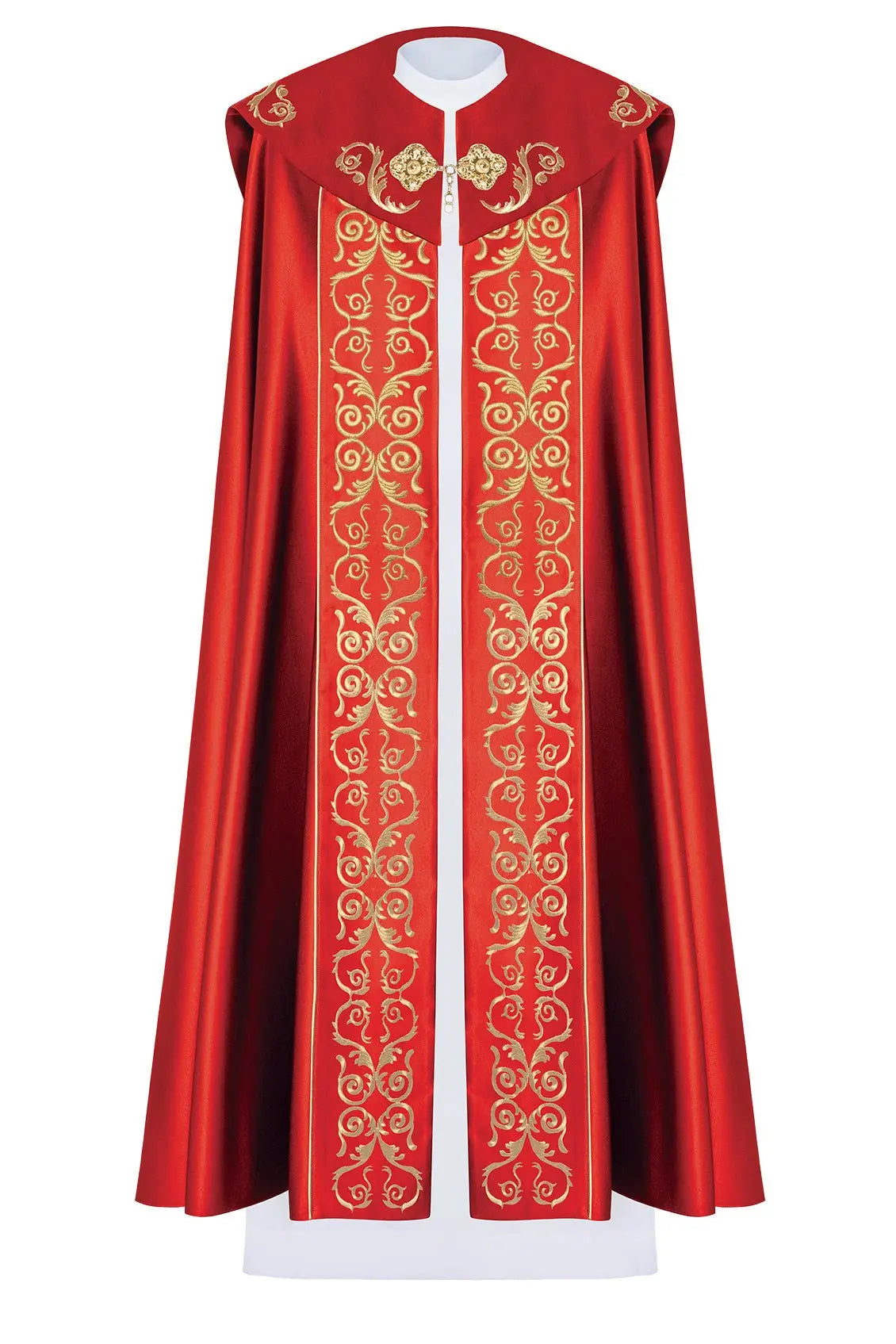 Red liturgical cape with gold monogram