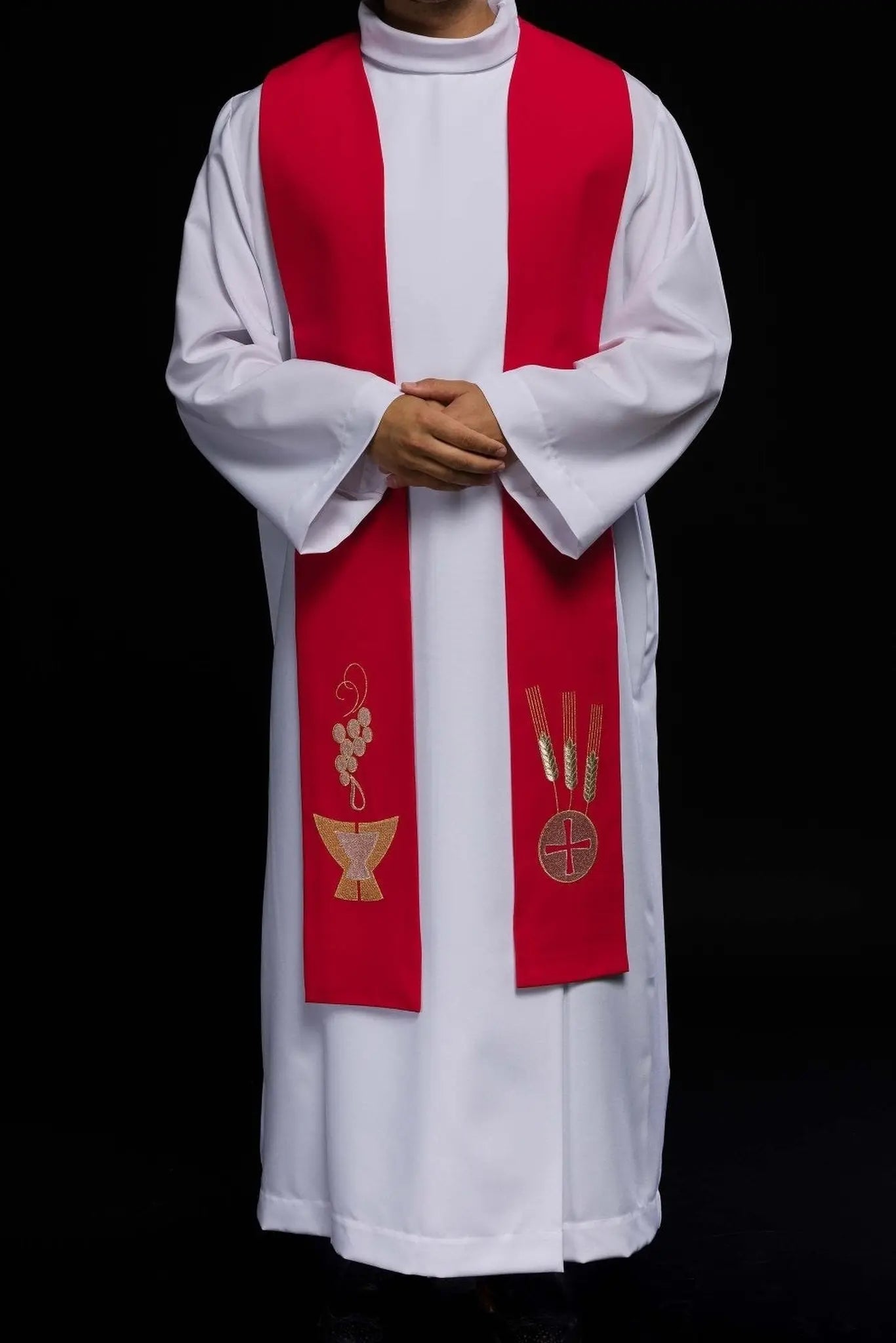 Red priestly stole with Chalice, Wheat, and Grapes embroidery