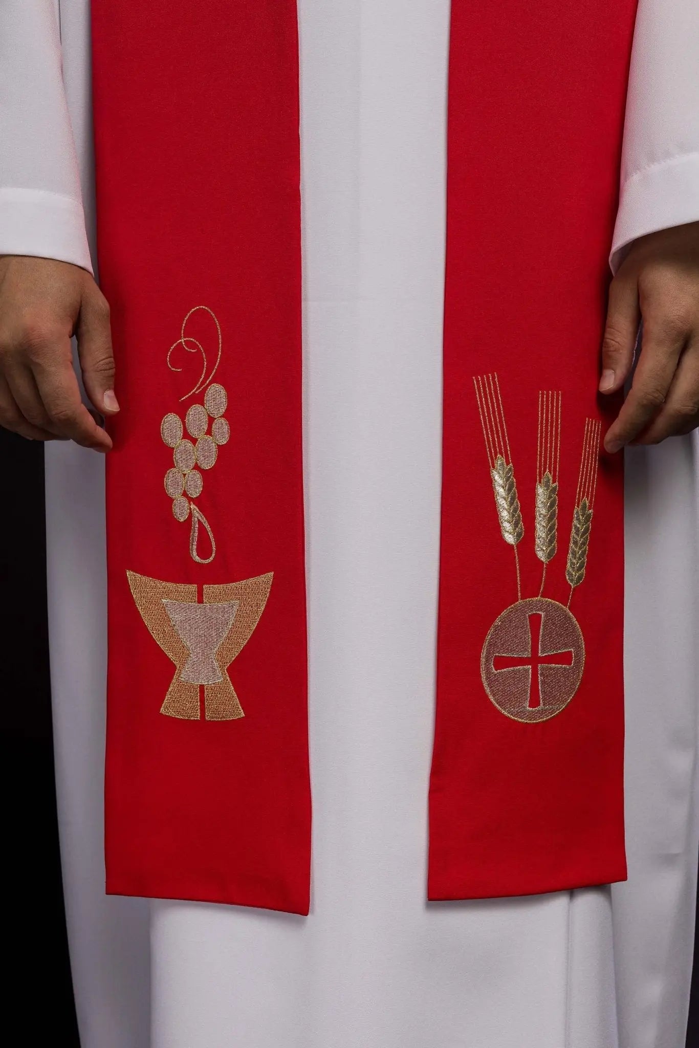Red priestly stole with Chalice, Wheat, and Grapes embroidery