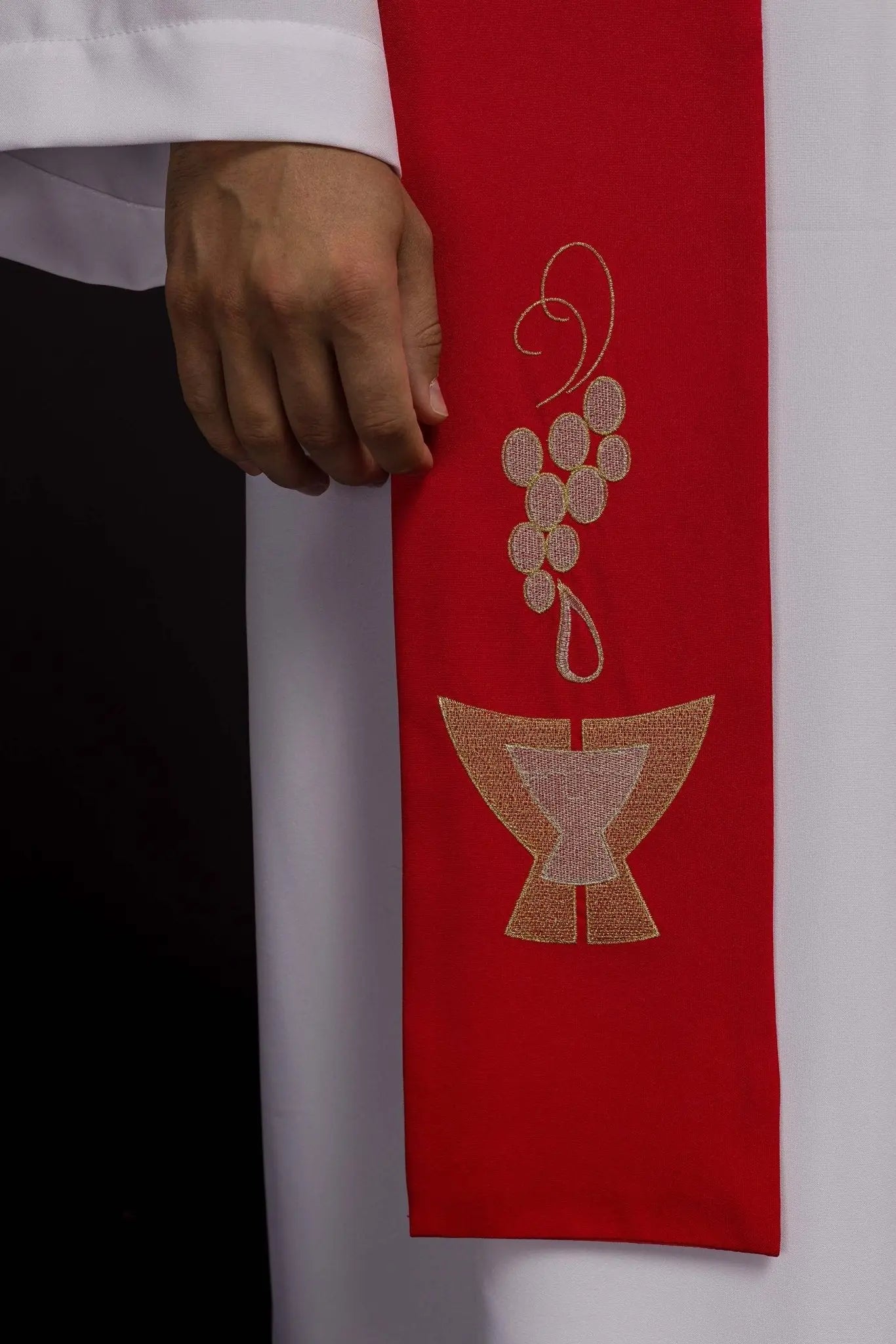 Red priestly stole with Chalice, Wheat, and Grapes embroidery