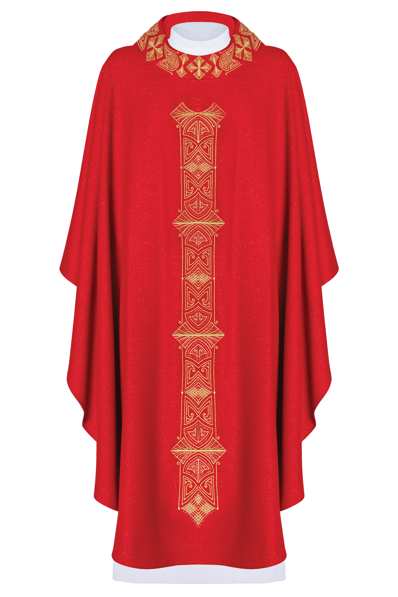 Red chasuble richly embroidered glossy