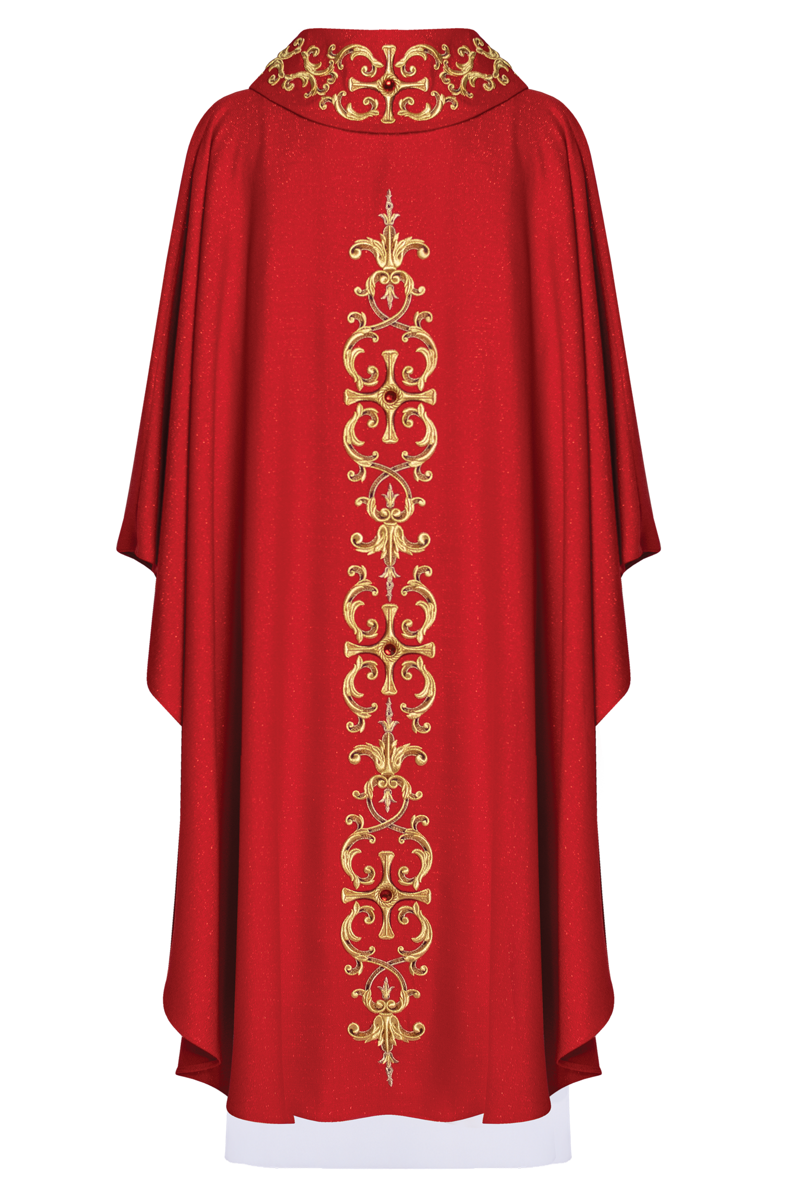 Red chasuble richly embroidered with stones