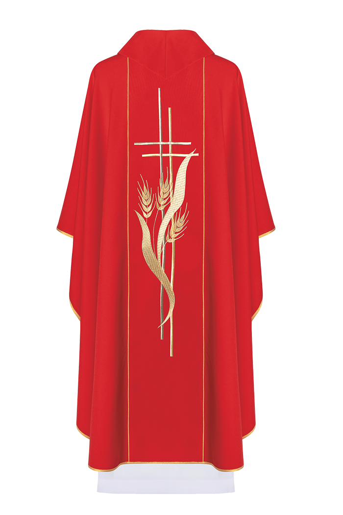 Red chasuble embroidered with cross and ear motifs