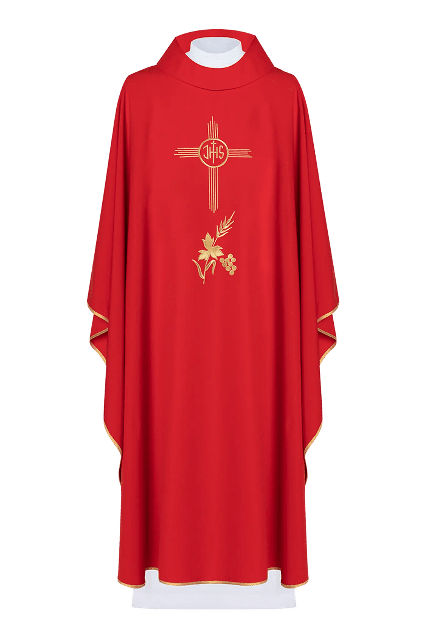 Red chasuble embroidered with IHS motif