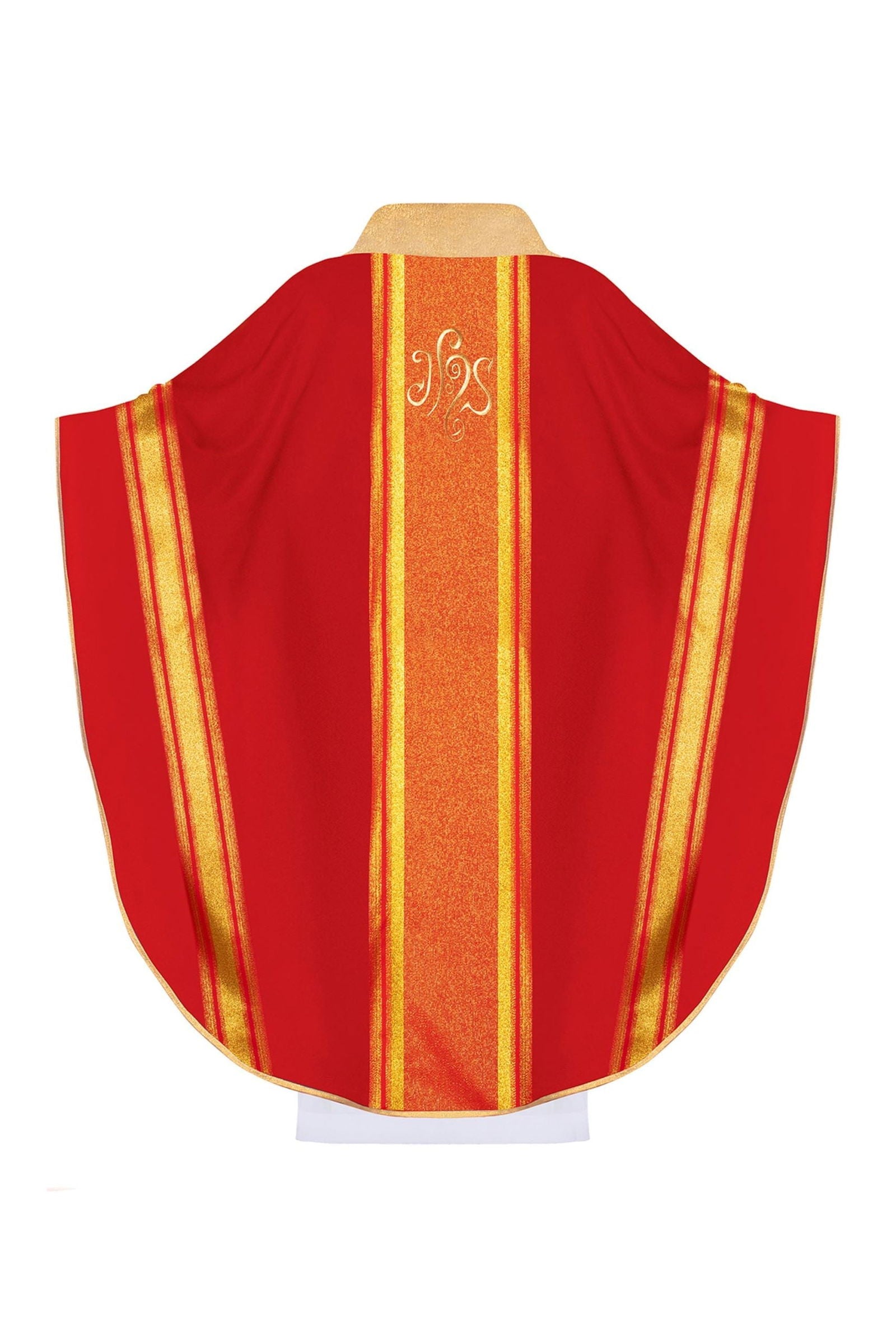 Red embroidered chasuble with IHS design with gilding