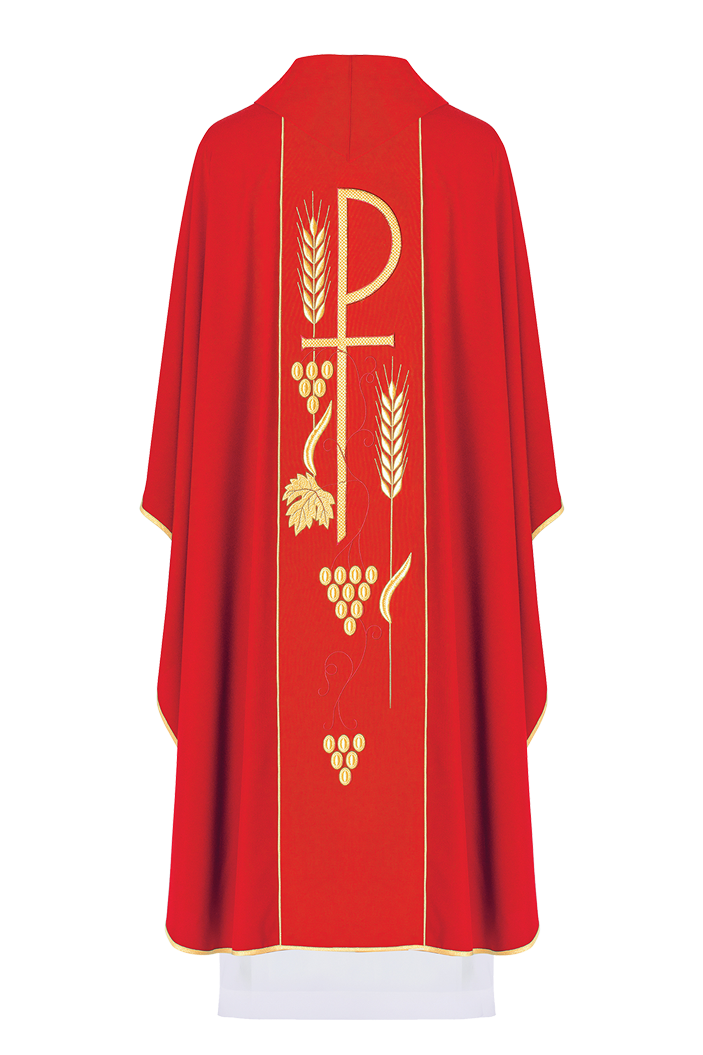 Red chasuble embroidered with IHS chalice design