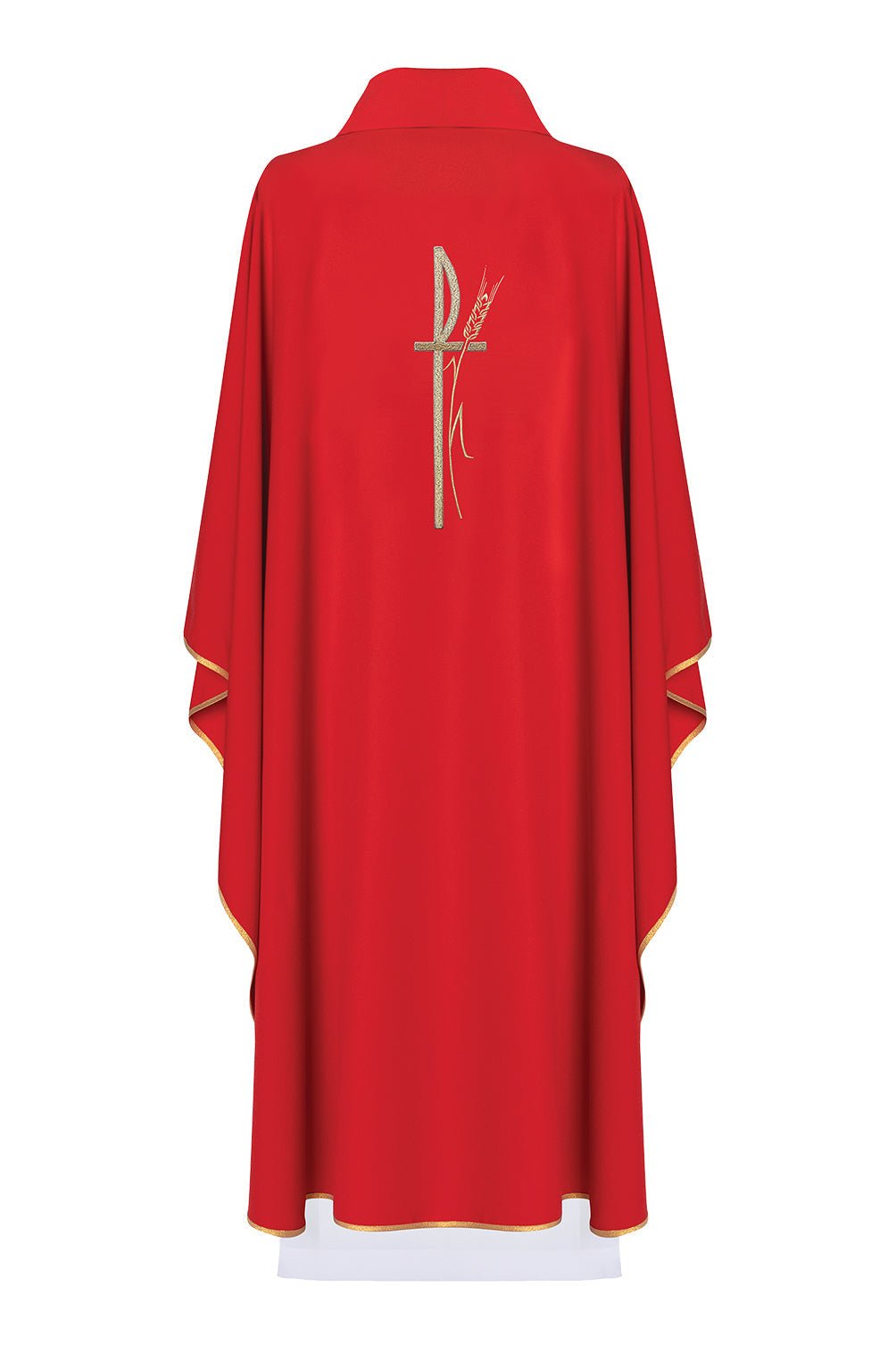 Red liturgical chasuble with wide collar and delicately embroidered cross