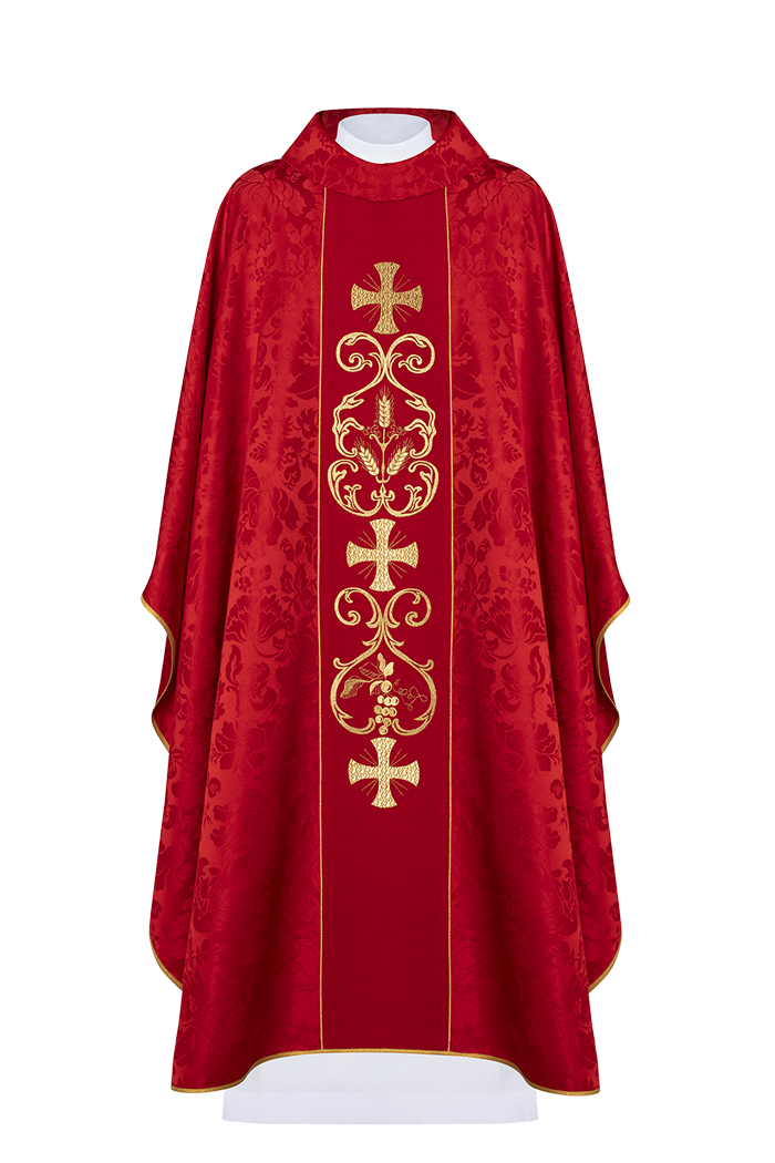 Red liturgical chasuble decorated with embroidered belt