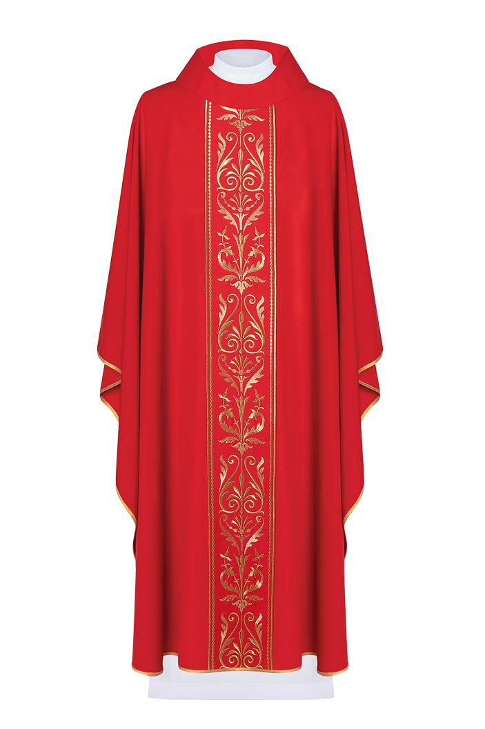 Red liturgical chasuble decorated with gold embroidered belt