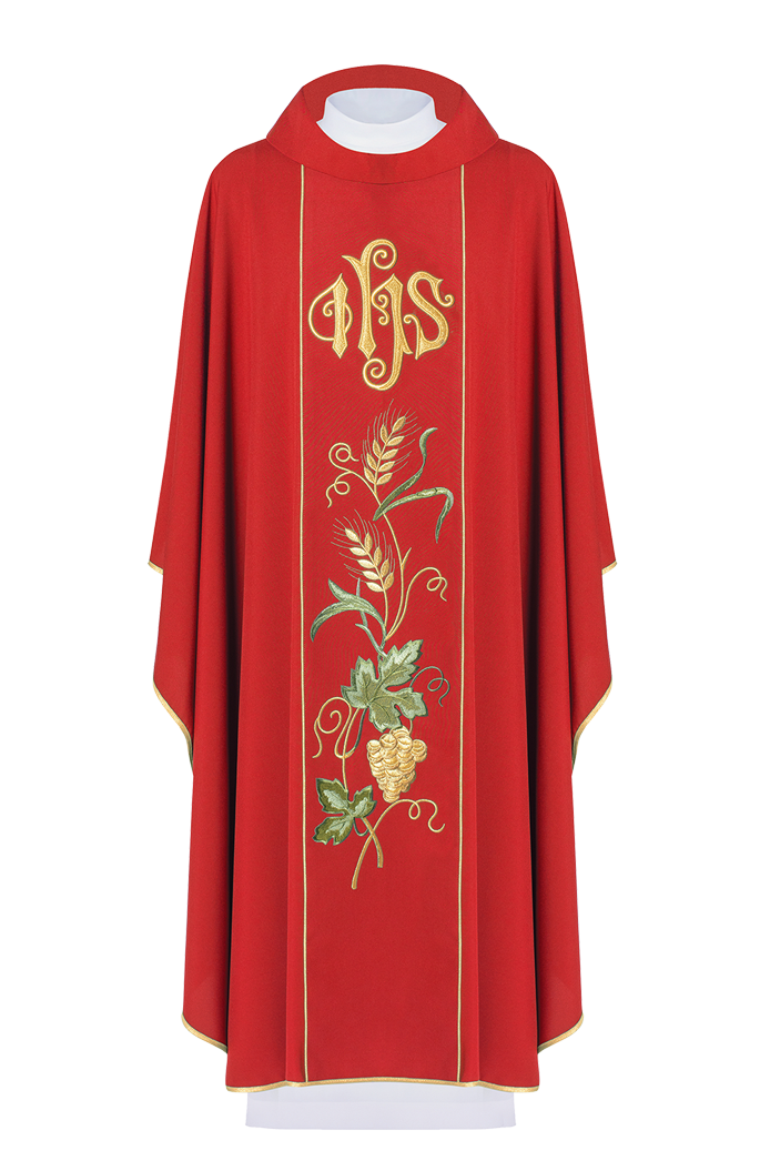 Red chasuble on belt with IHS embroidery, ears and grapes