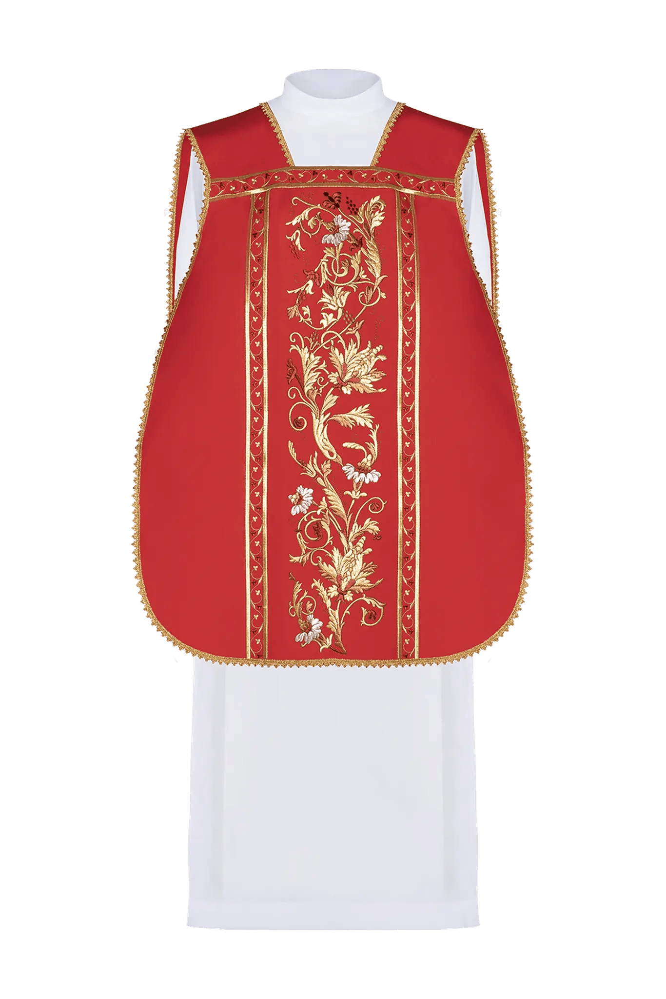 Red Roman chasuble embroidered with IHS motif
