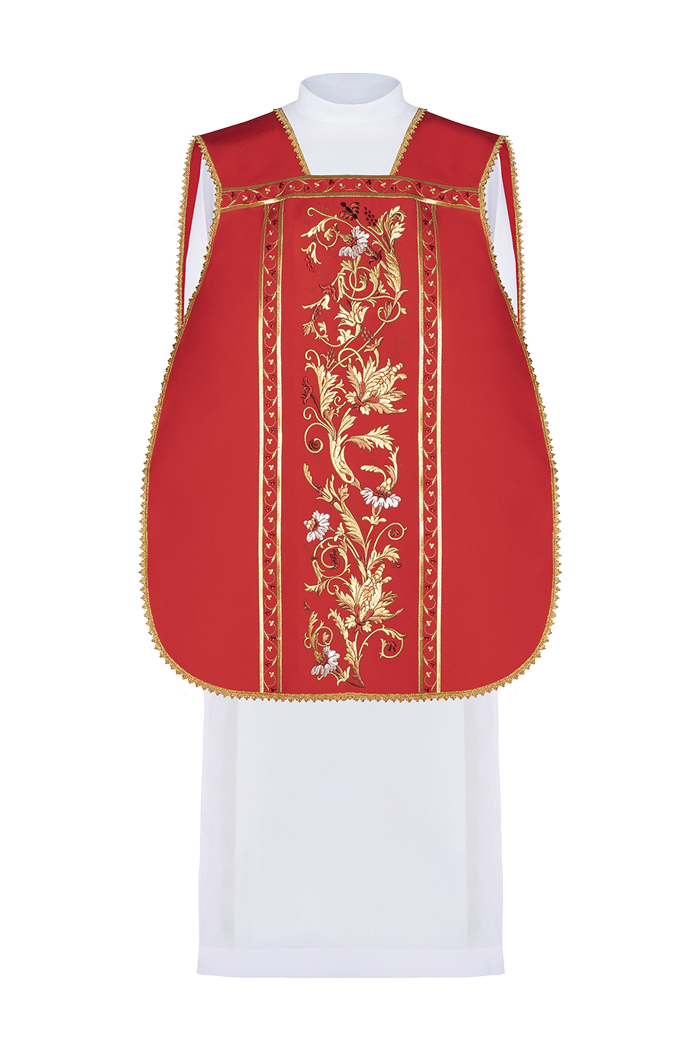 Red Roman chasuble embroidered with IHS motif