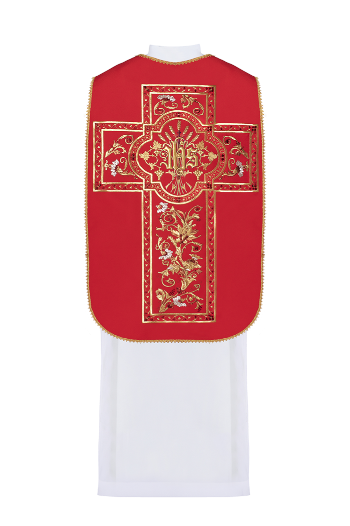 Red Roman chasuble embroidered with IHS motif