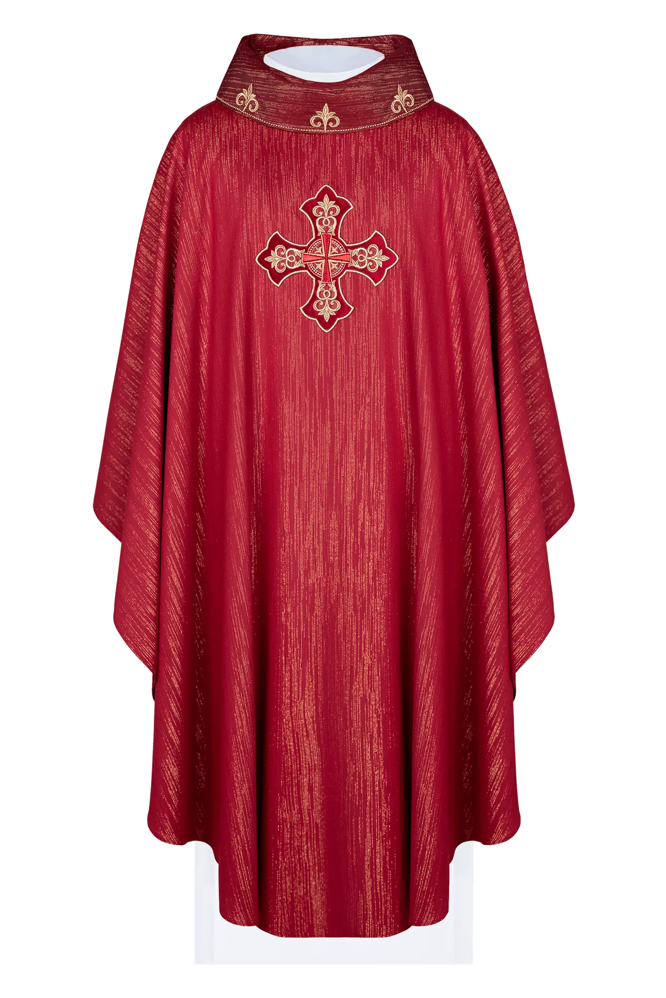Red chasuble with embroidered cross motif on decor