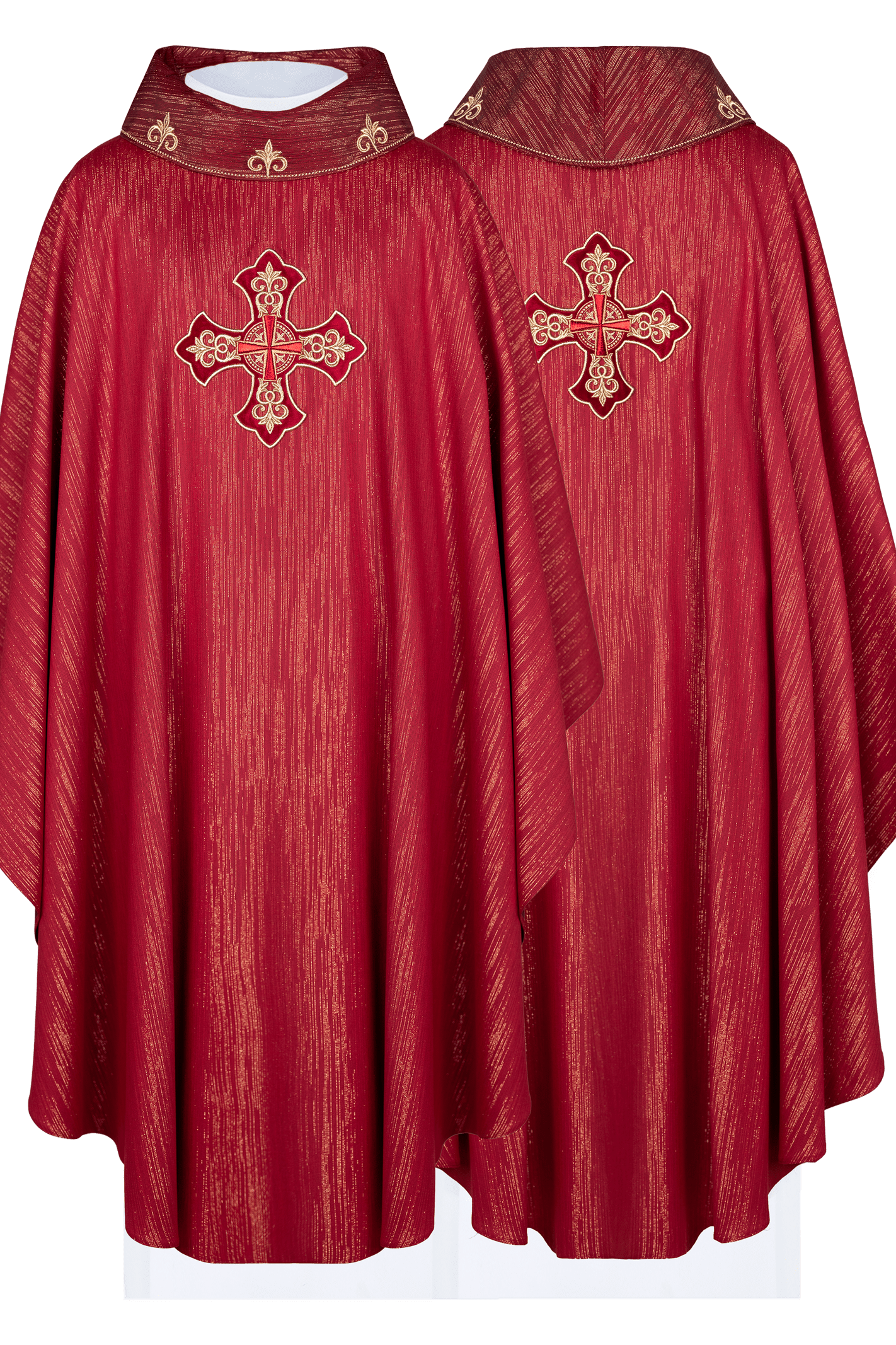 Red chasuble with richly embroidered cross and decorated collar