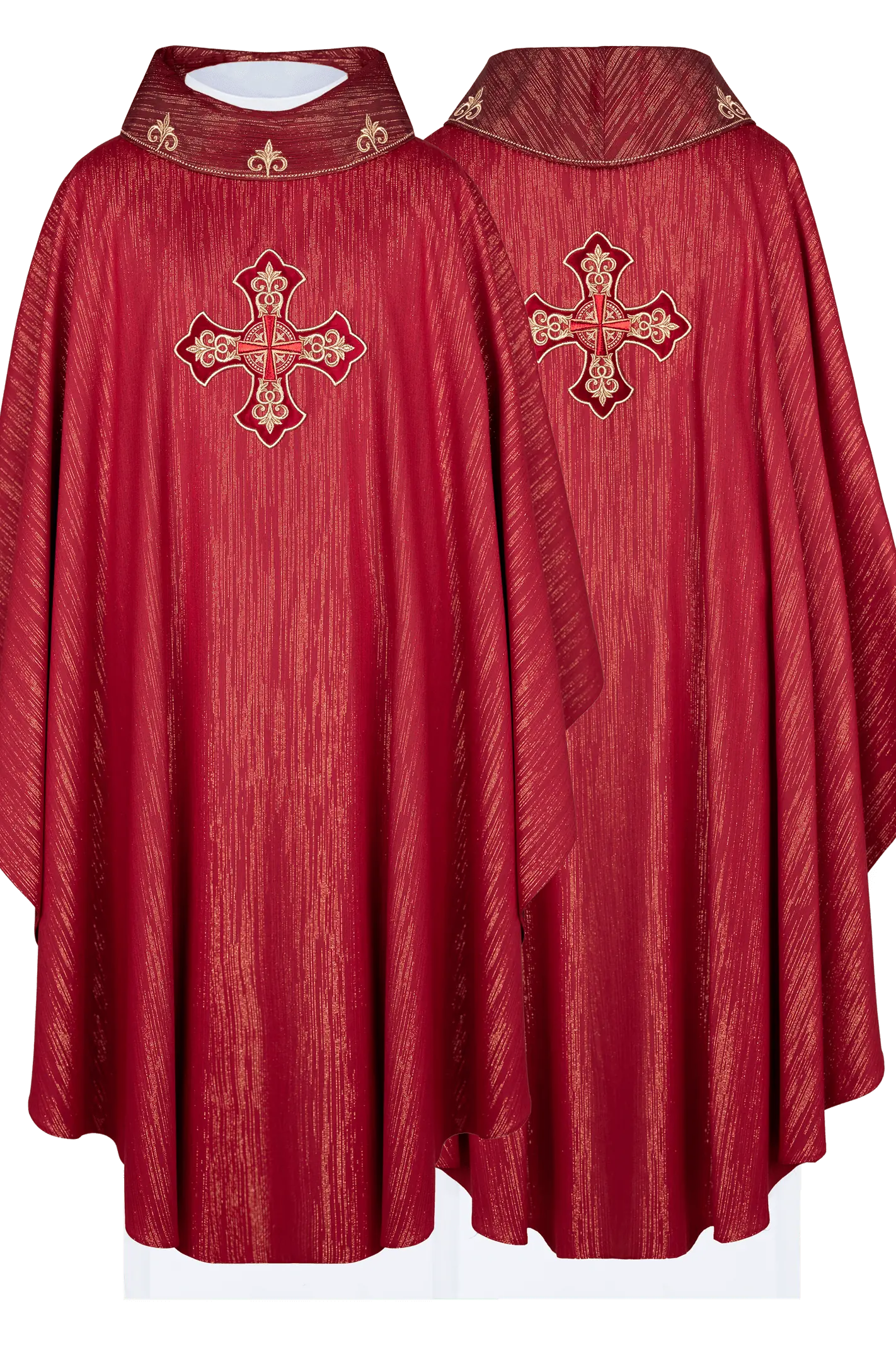 Red chasuble with embroidered cross motif on decor