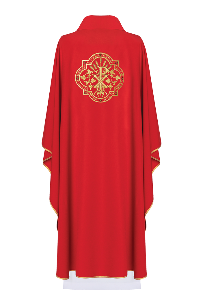 Red chasuble with IHS and PAX embroidery