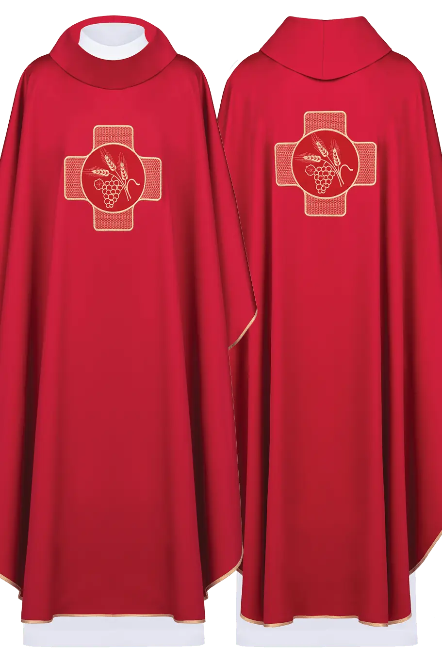 Red chasuble embroidered with the symbol of the cross and ears of grapes