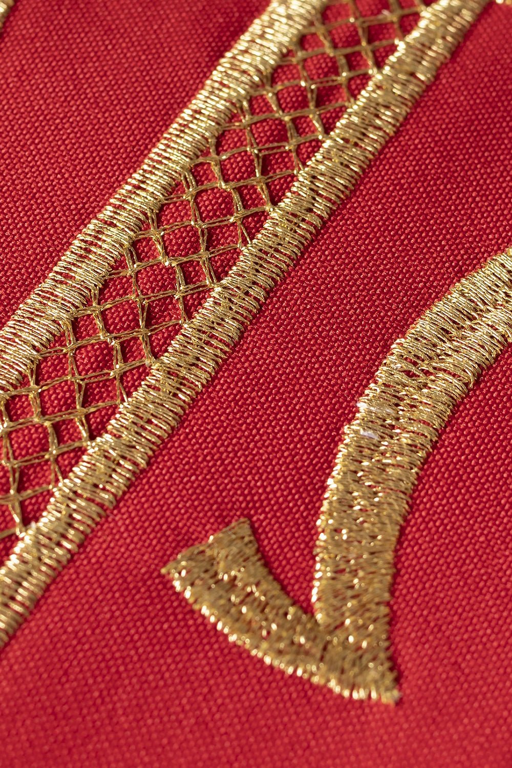 Red chasuble with wide embroidered gold Alpha and Omega belt