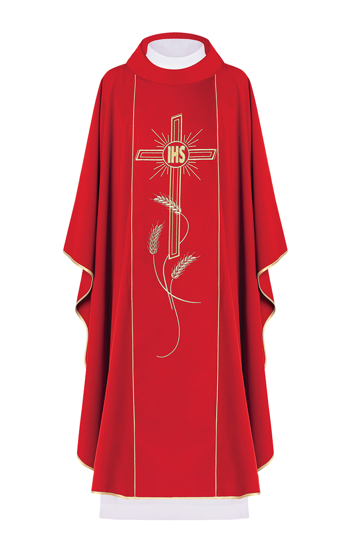 Red chasuble with wide embroidered gold stripe IHS cross