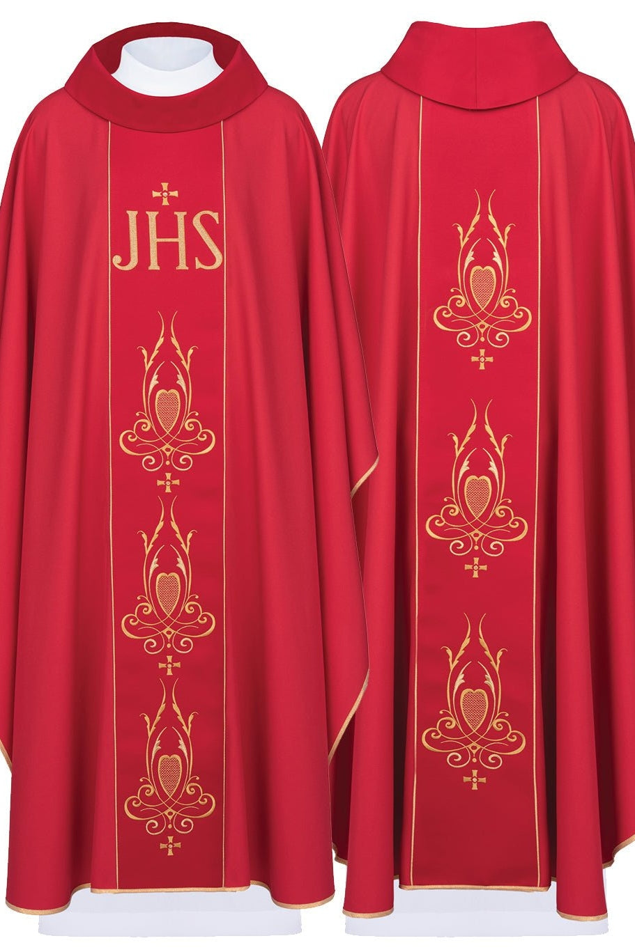 Red chasuble with JHS pattern on belt