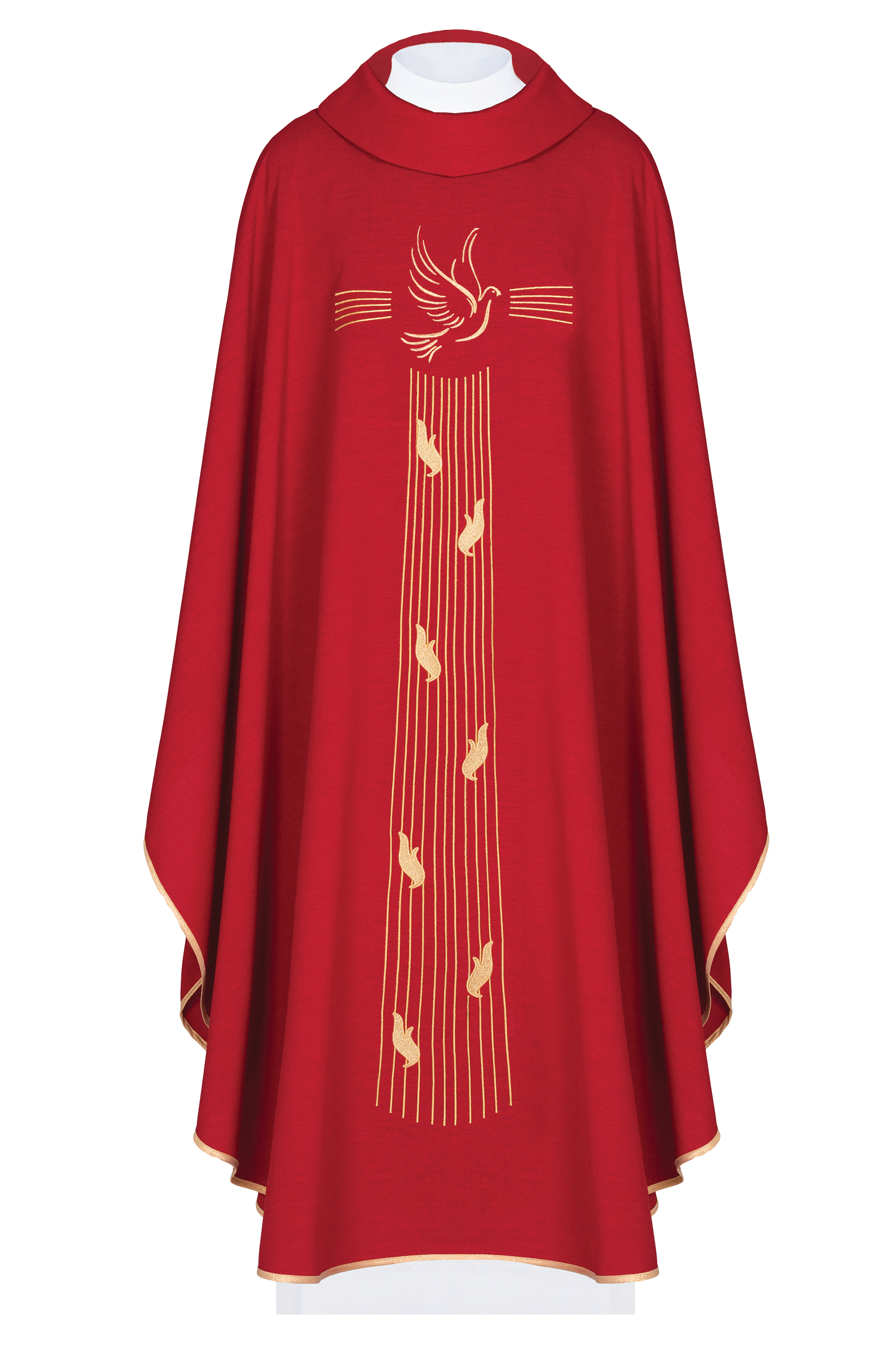 Red chasuble with gold trim and Holy Spirit embroidery