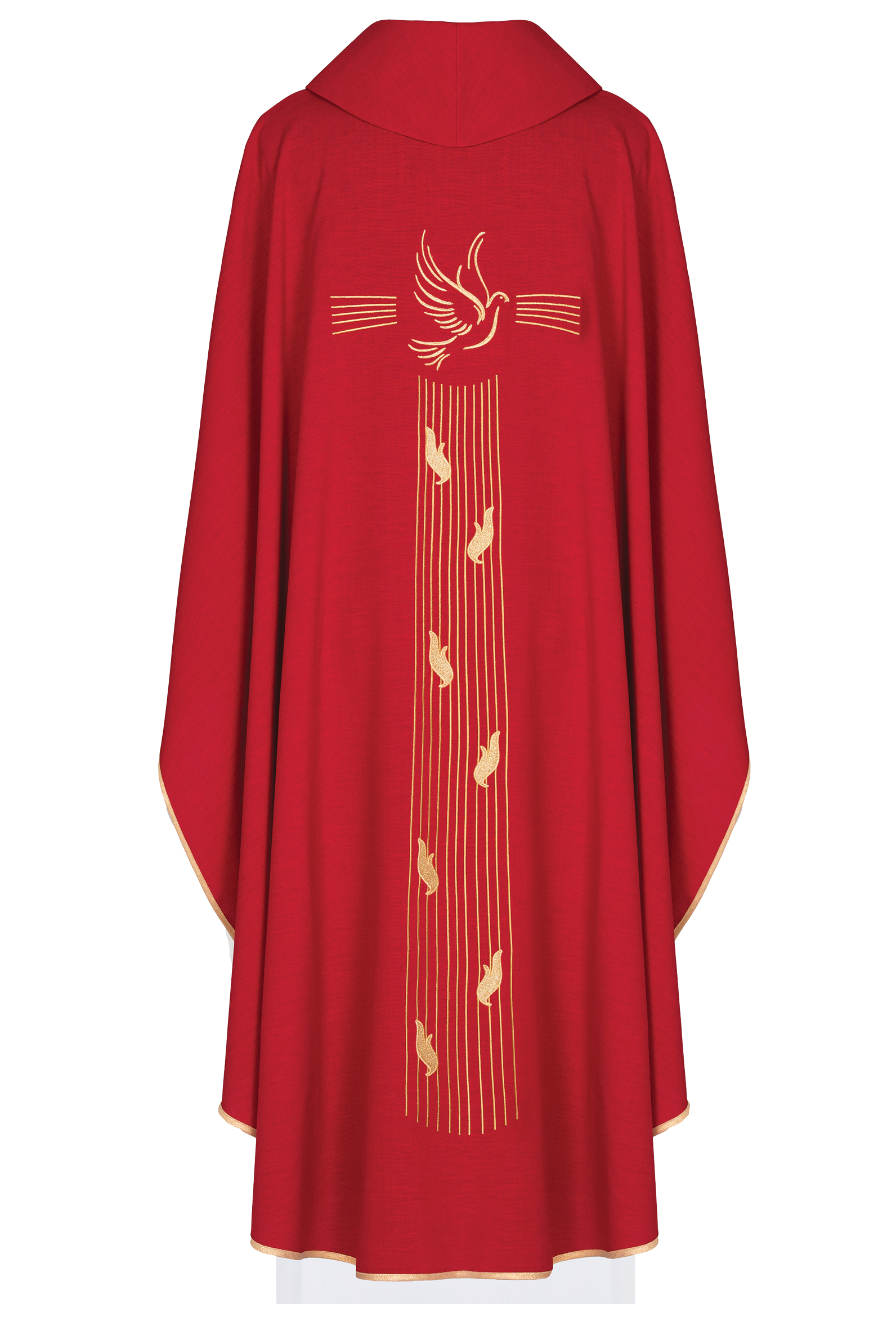 Red chasuble with gold trim and Holy Spirit embroidery