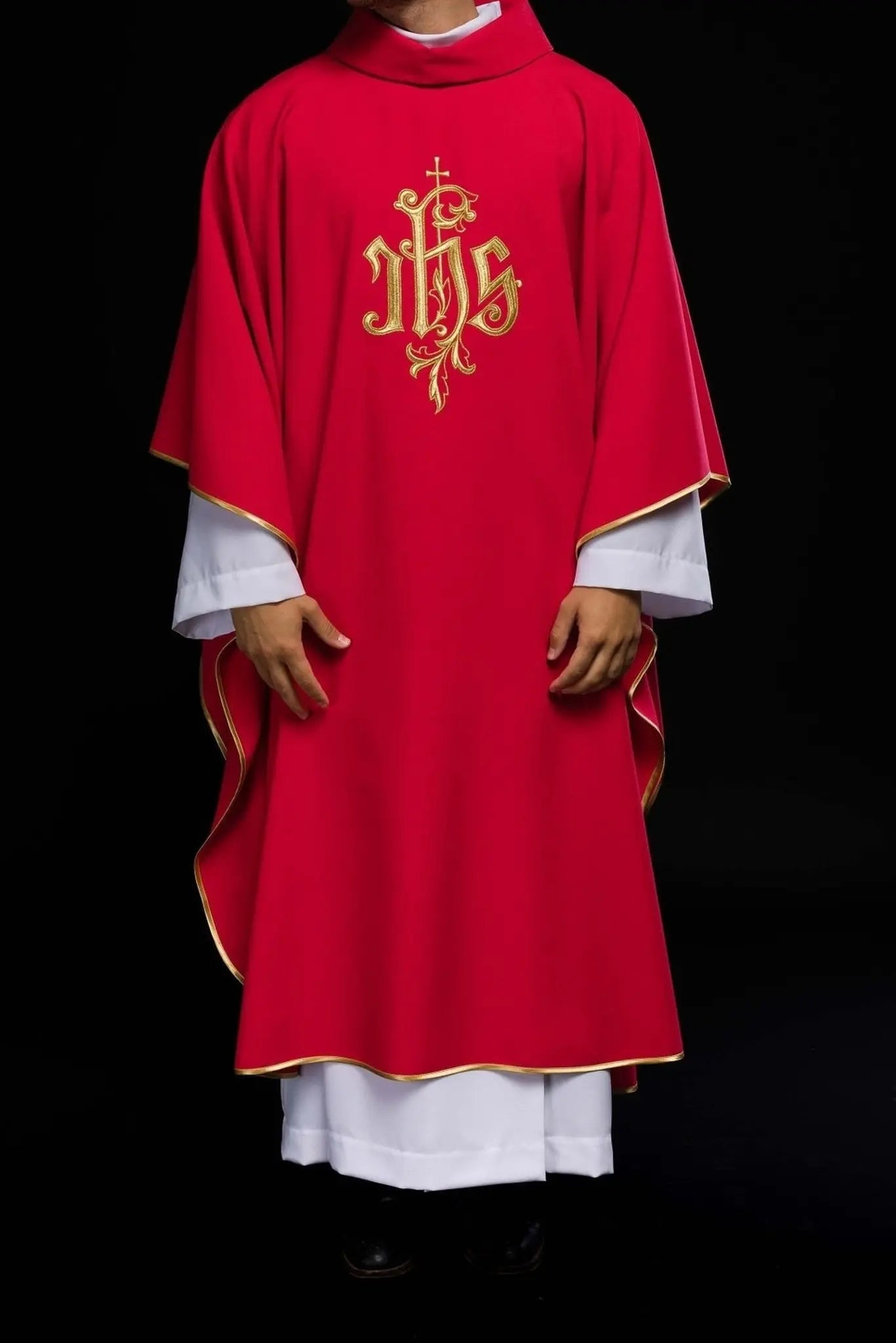 Red chasuble with gold IHS embroidery