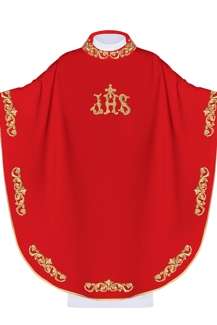 Red chasuble with gold IHS embroidery and decorative trim