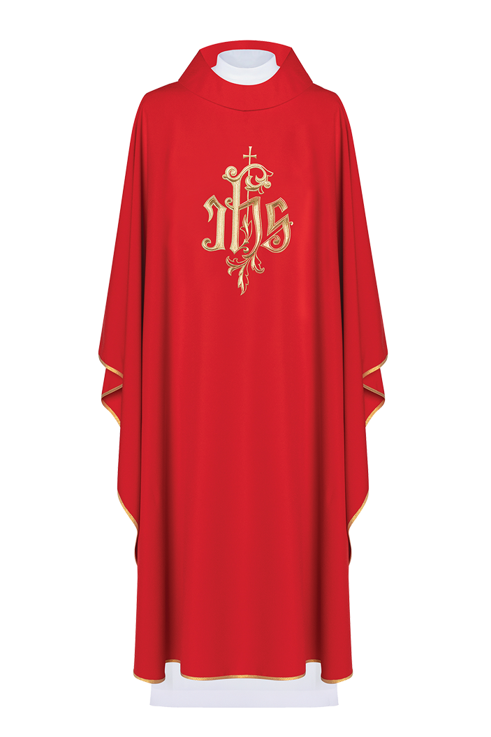 Red chasuble with gold IHS embroidery