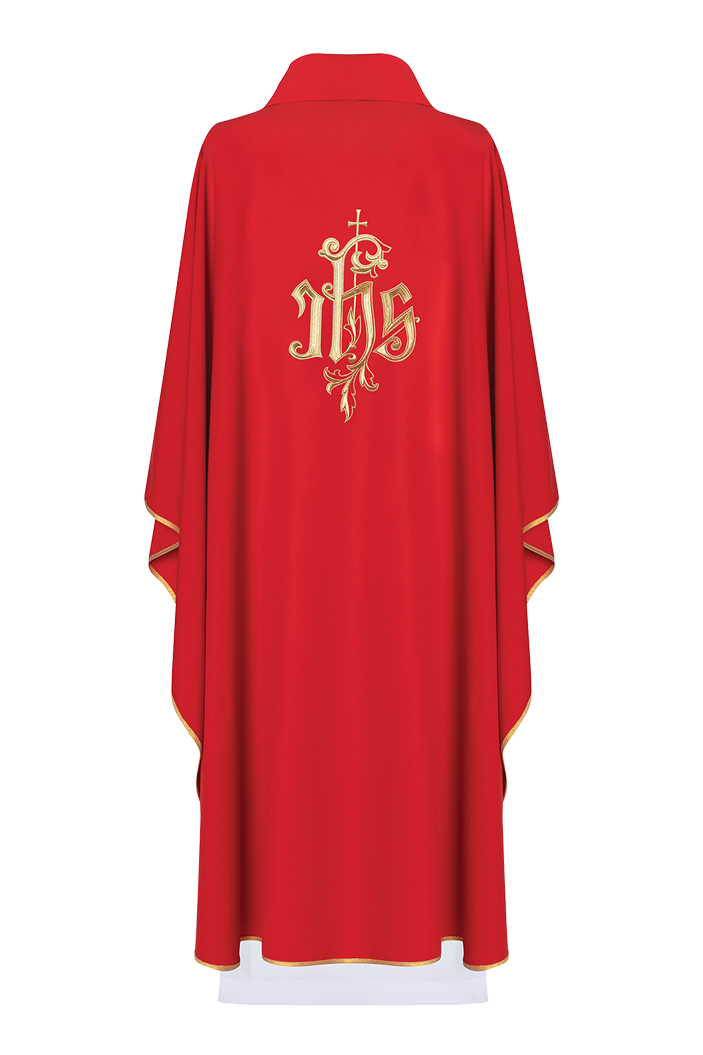 Red chasuble with gold IHS embroidery