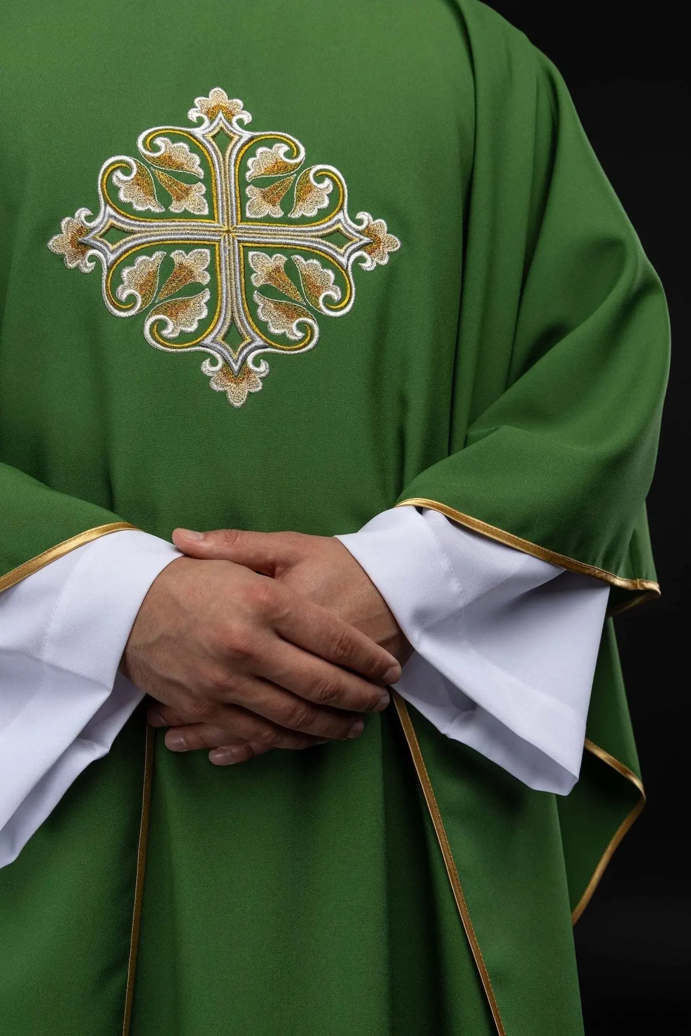 Green Embroidered Chasuble with Ornamental Cross and Wide Collar