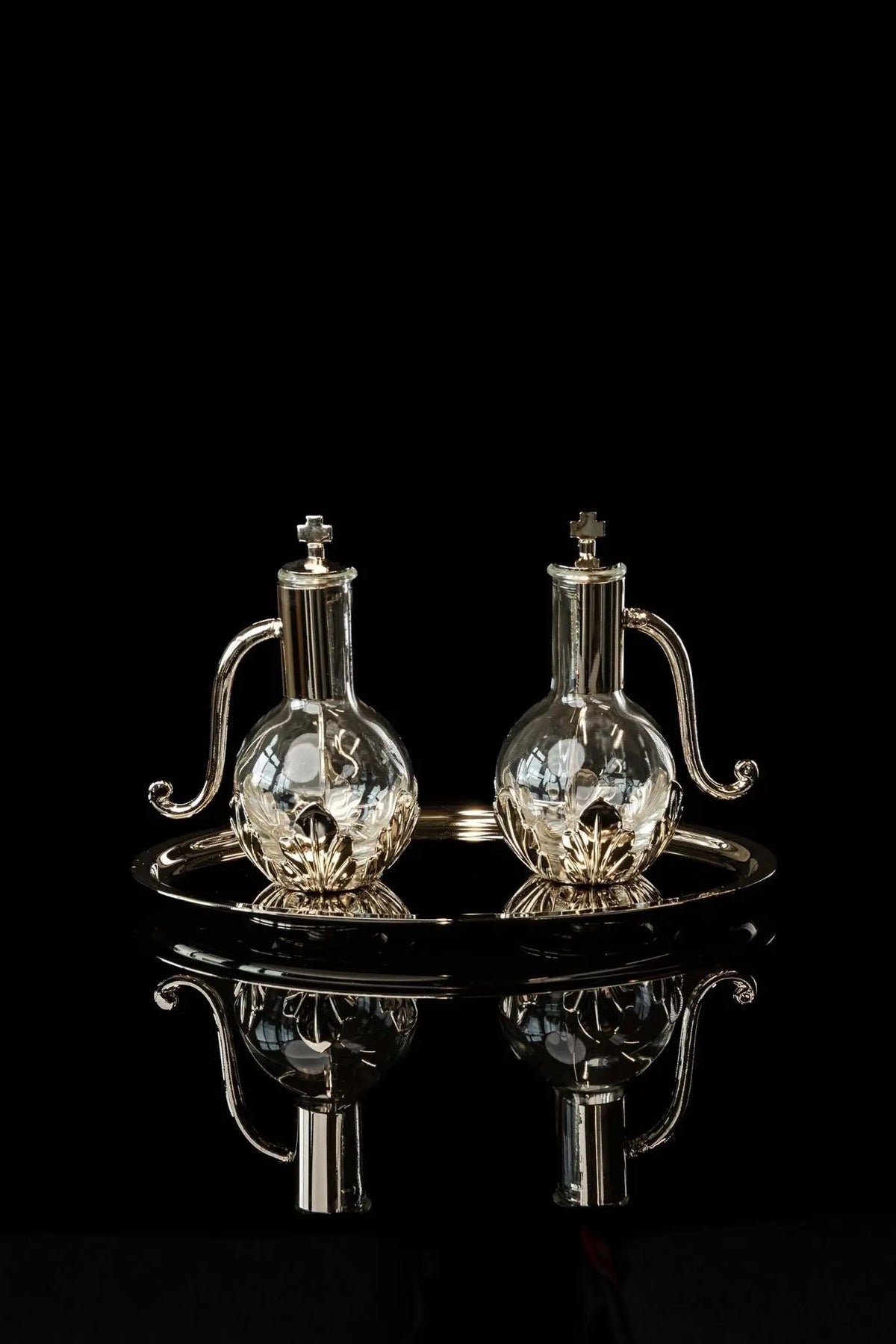 Silver Liturgical Cruets for Water and Wine with Silver-Plated Brass Tray, front view