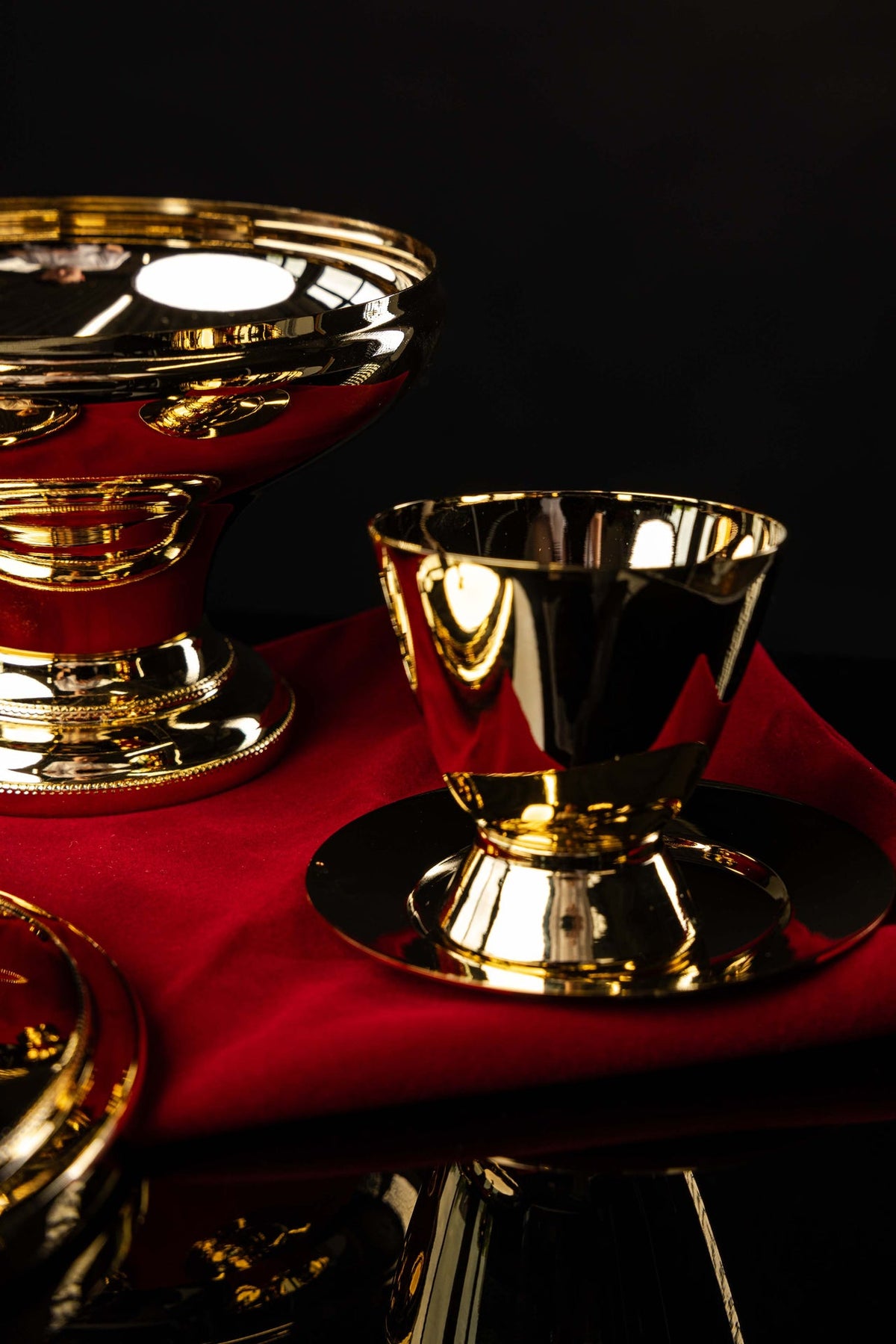 Gold-plated brass ciborium with cross finial, grouped view