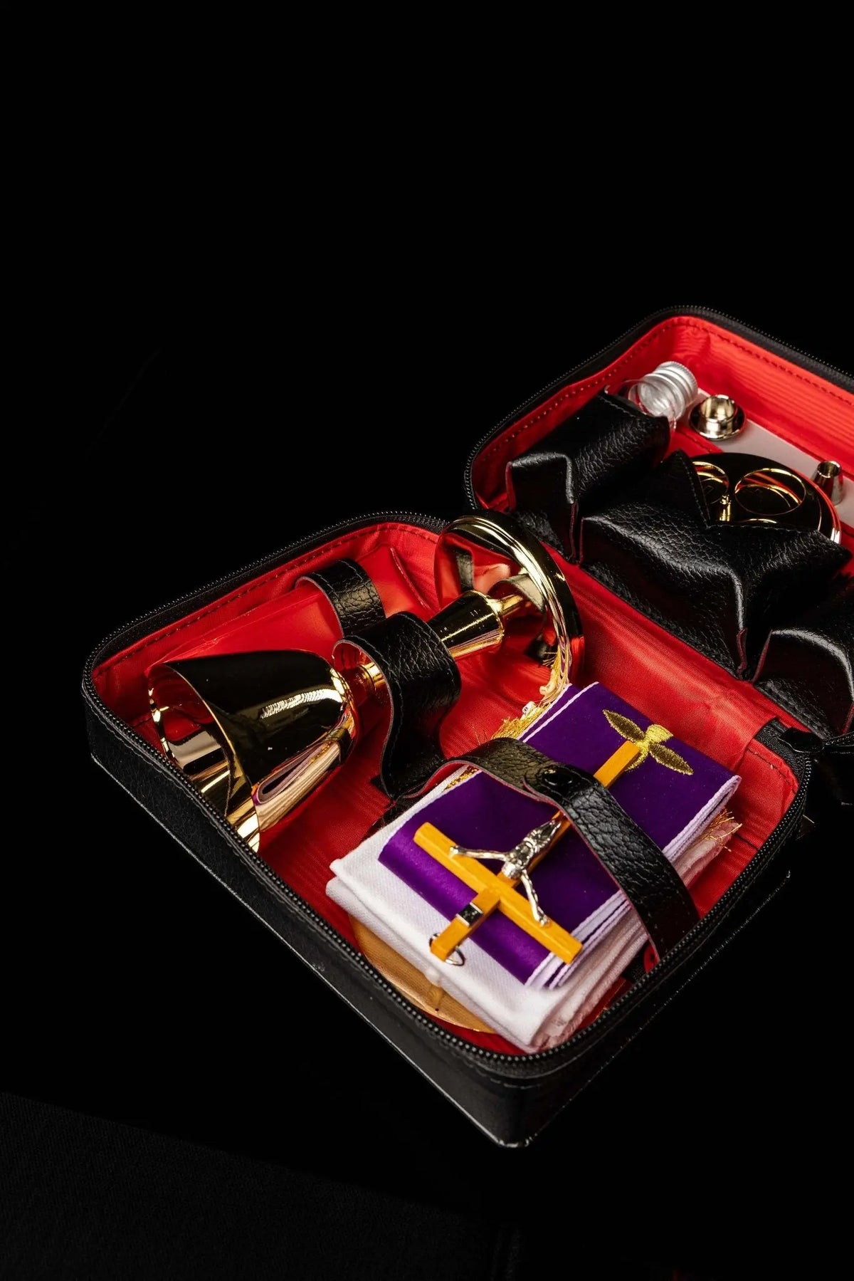 Mission Case with Liturgical Equipment and Shoulder Strap, open case with contents