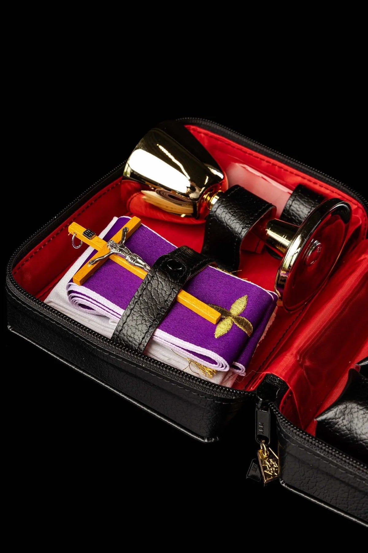 Mission case liturgical equipment set, open case with purple stole and crucifix