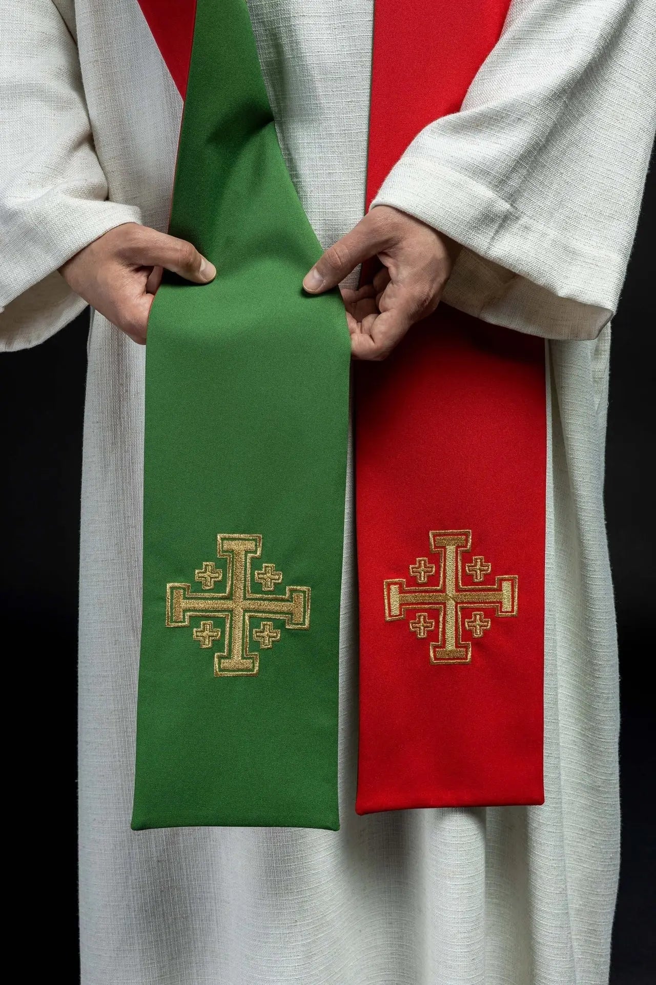 Two-sided embroidered priest's stole green and red Jerusalem cross