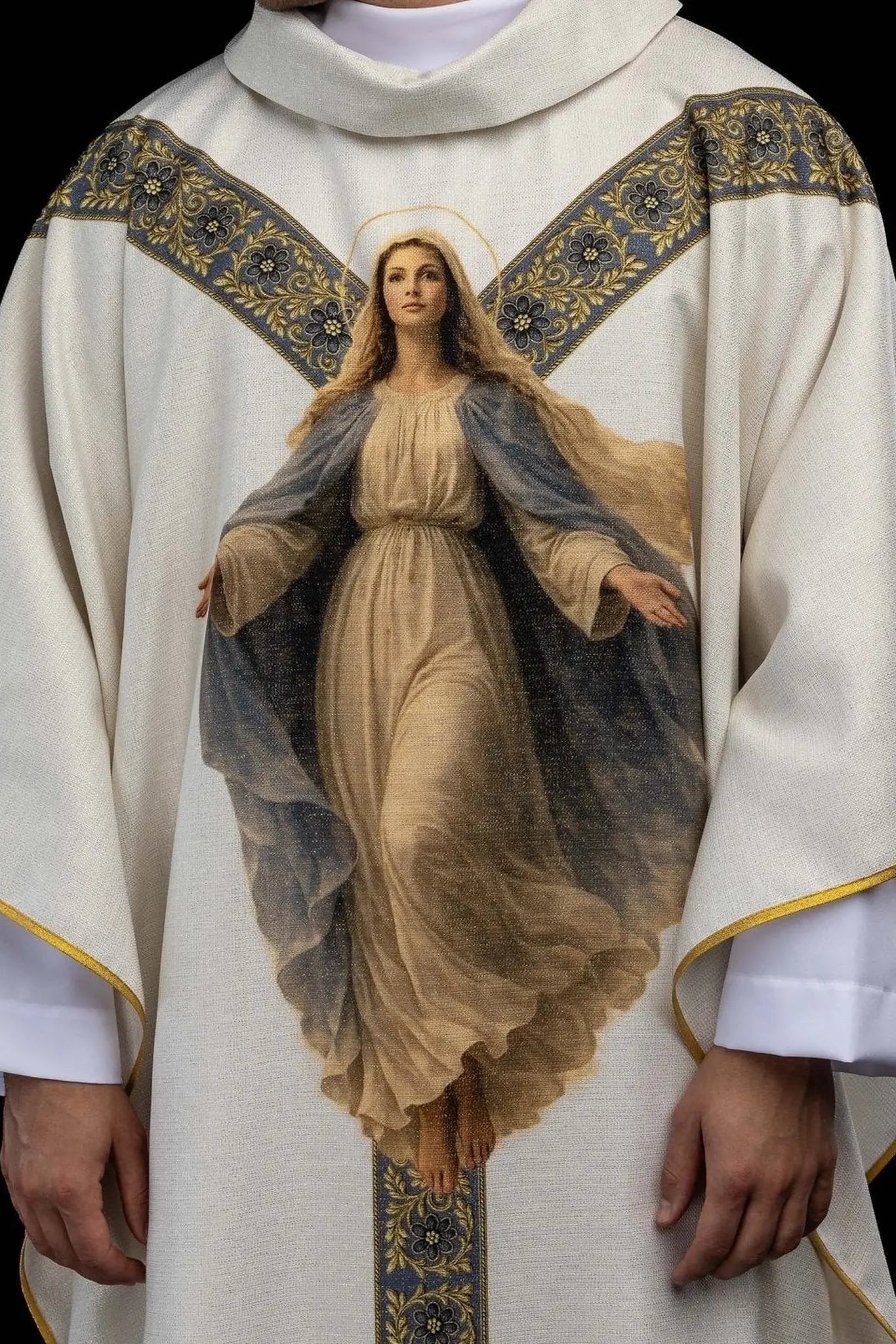 Ecru Chasuble with Printed Image of Our Lady of the Assumption - HAFTINA ATELIER