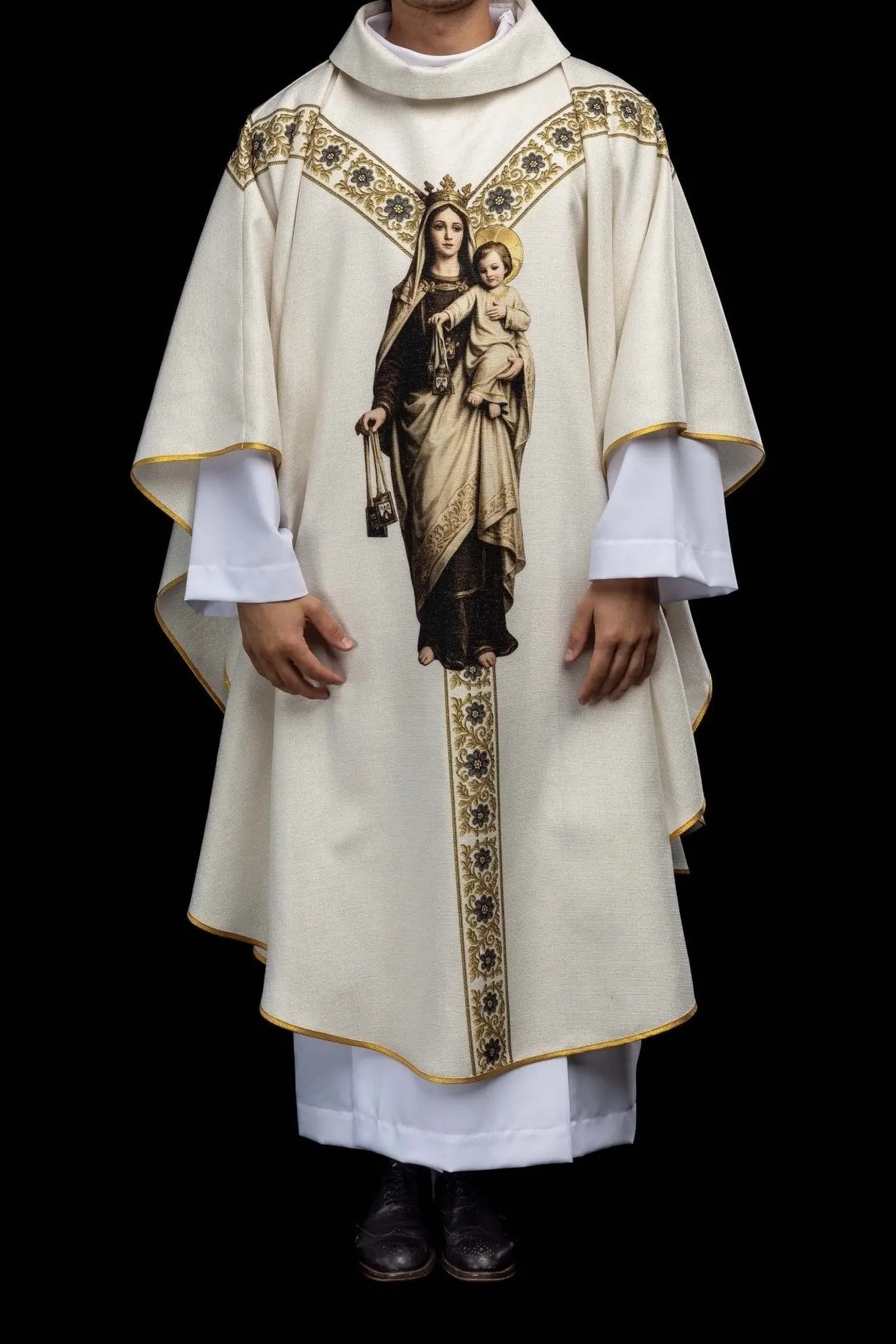 Ecru Chasuble with Printed Image of Our Lady of the Scapular - HAFTINA ATELIER