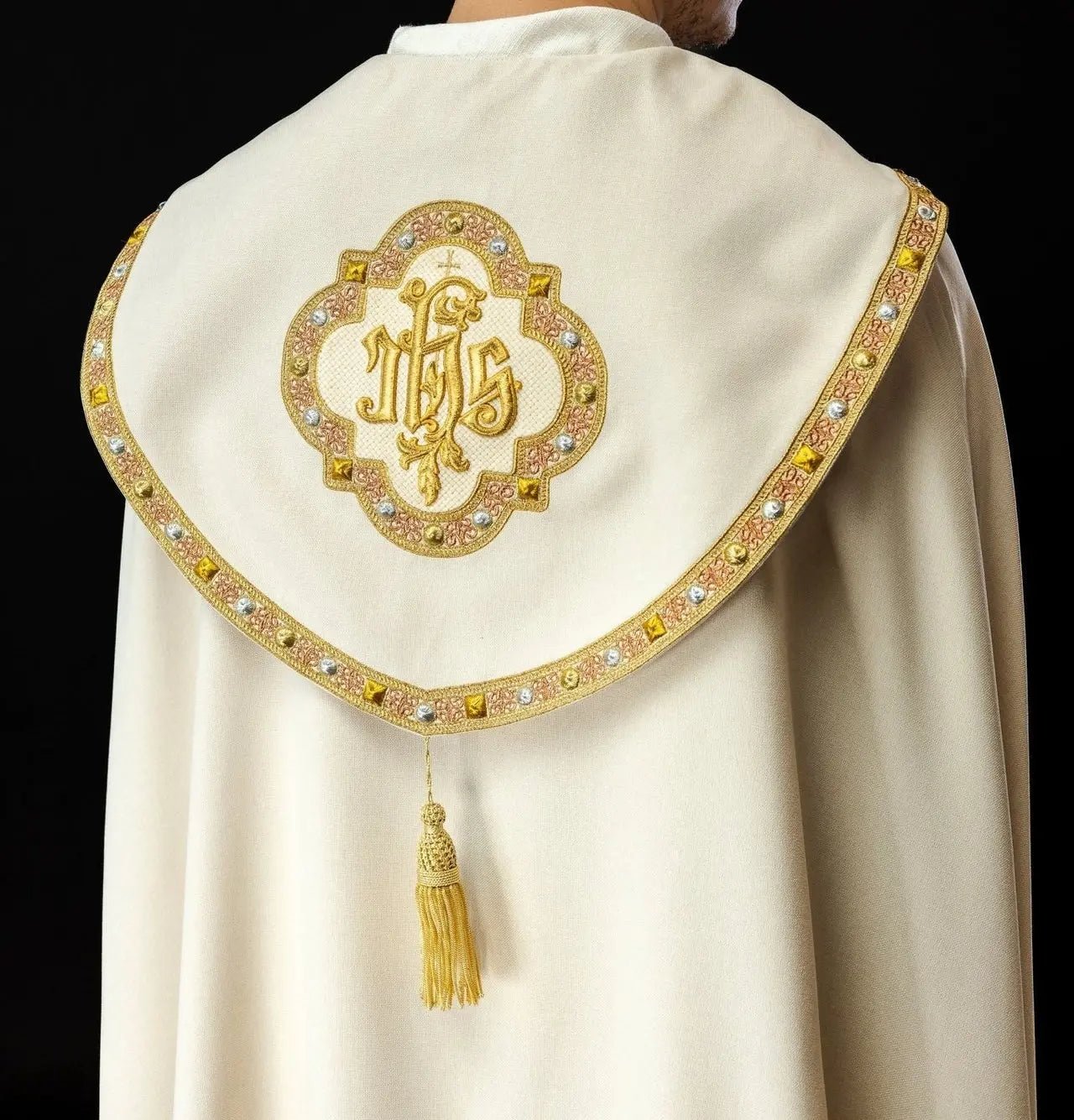 Ecru liturgical cape with gold IHS