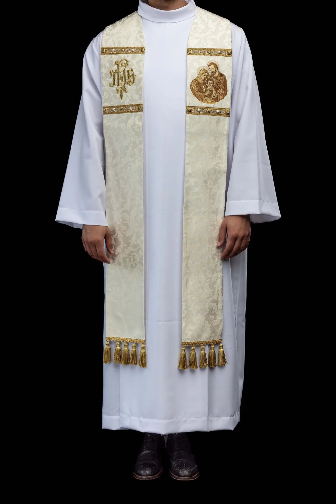 Ecru Stole with Holy Family and IHS Embroidery on Ornamental Fabric - HAFTINA ATELIER