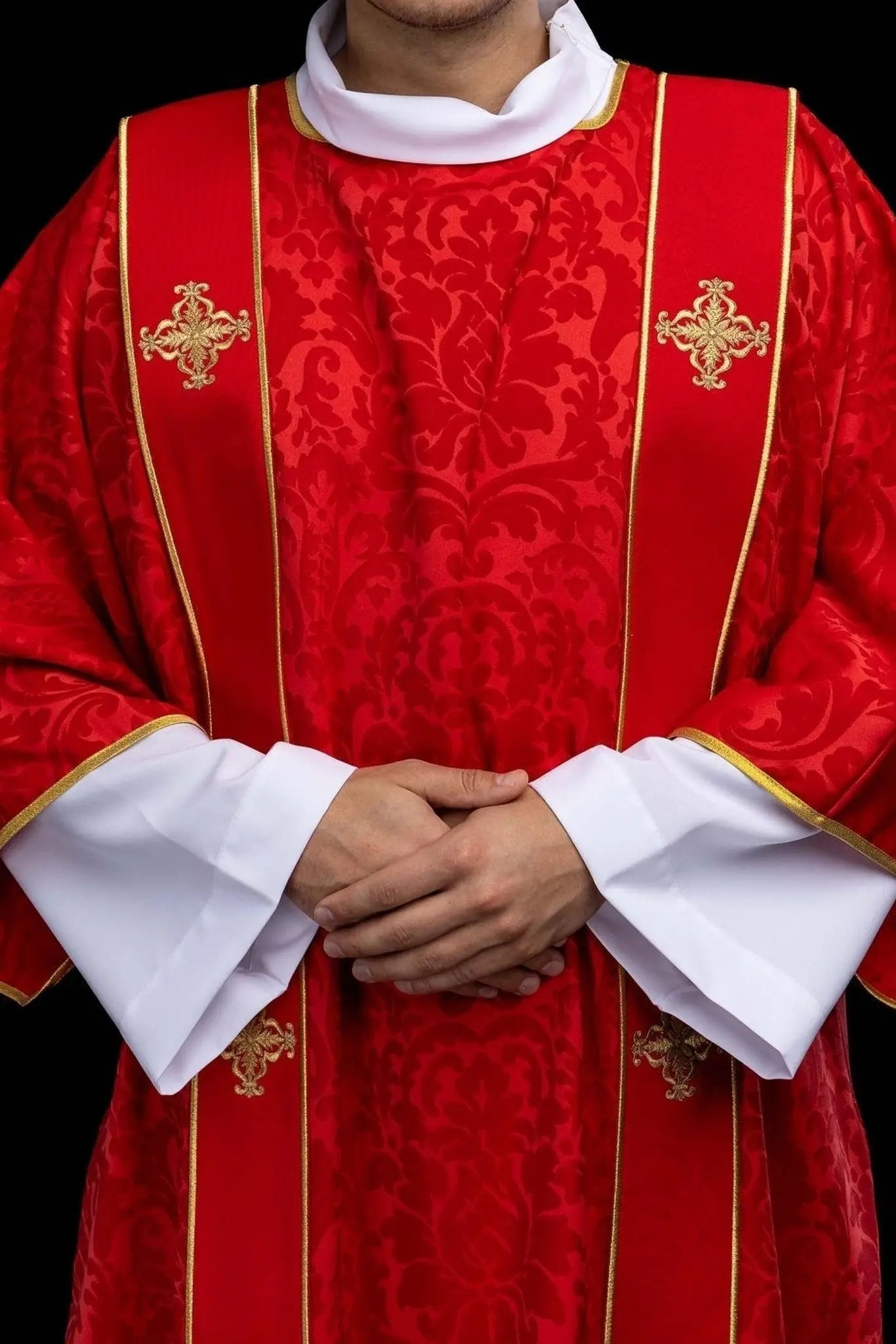 Red Jacquard Dalmatic with Gold Cross Embroidery