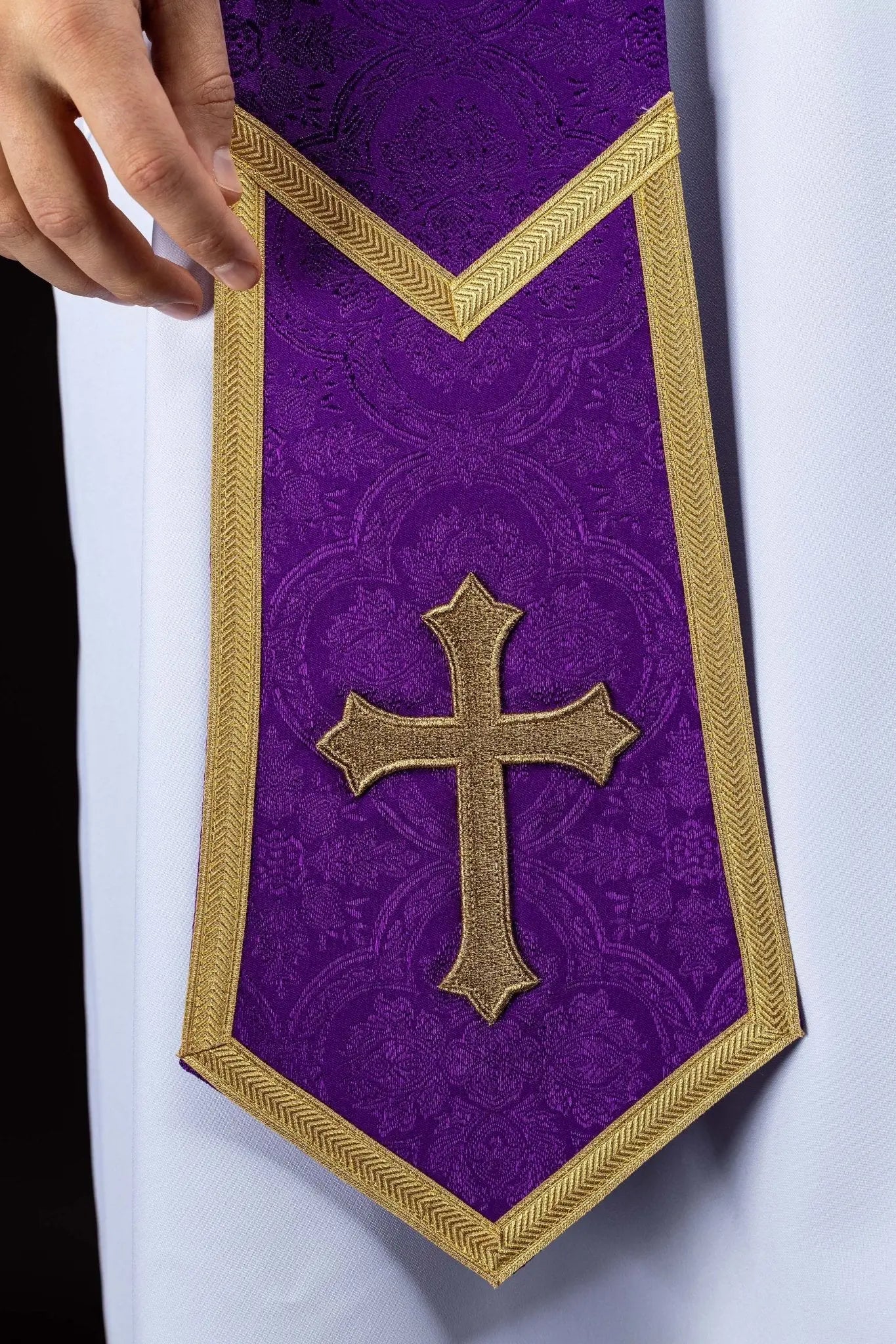 Purple Jacquard Stole with Embroidered Cross