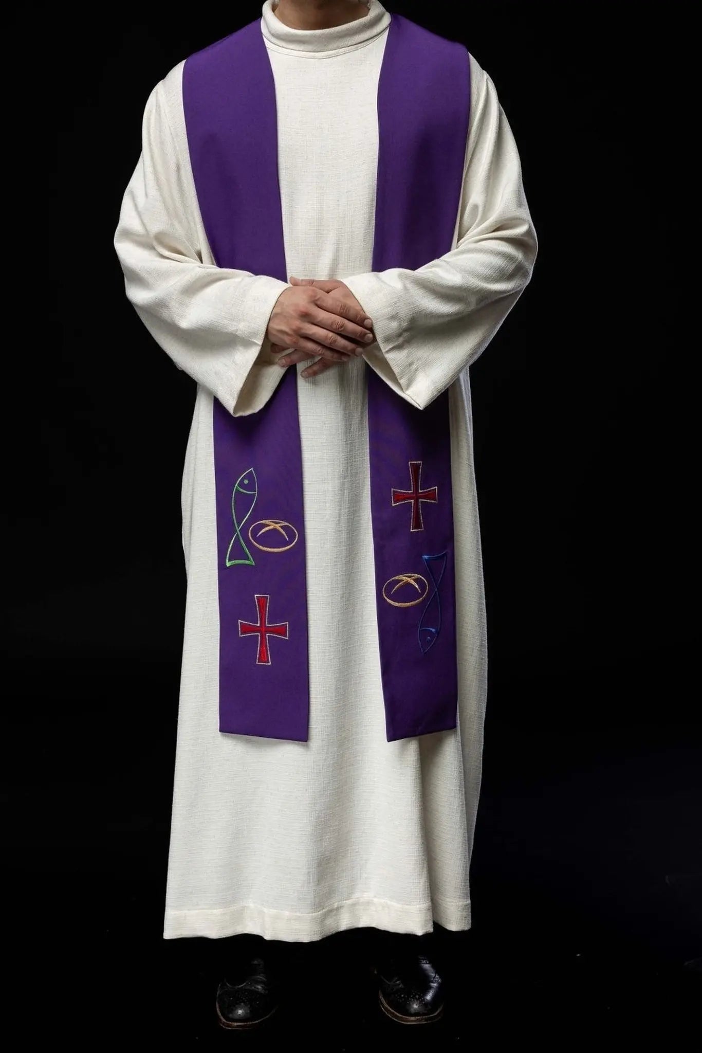 Purple embroidered priest's stole Fish Bread Cross