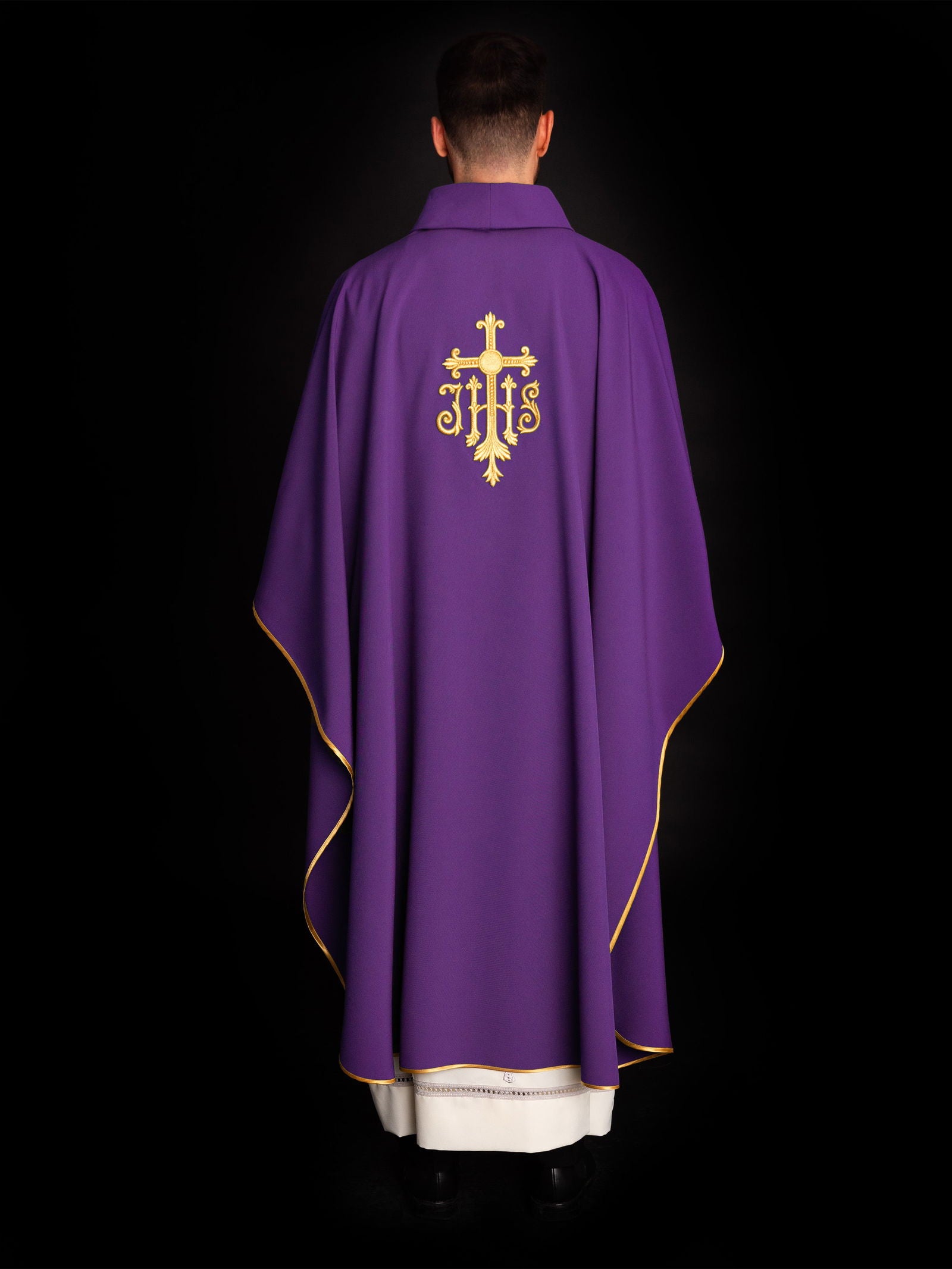 Purple embroidered chasuble with cross and JHS